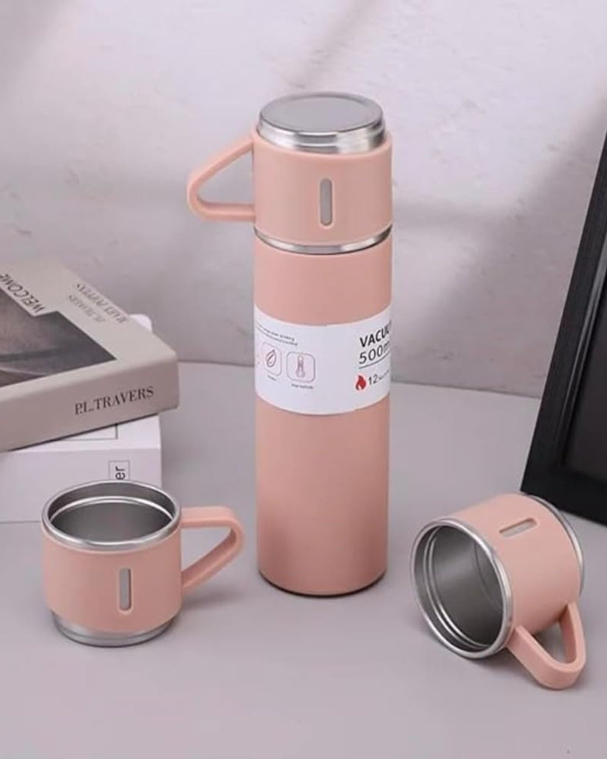 Premsons® 425ml Stainless Steel Vacuum Flask Set with 2 Cups | Double Wall Insulated Thermos Bottle for Hot & Cold Drinks | Leakproof Travel Flask