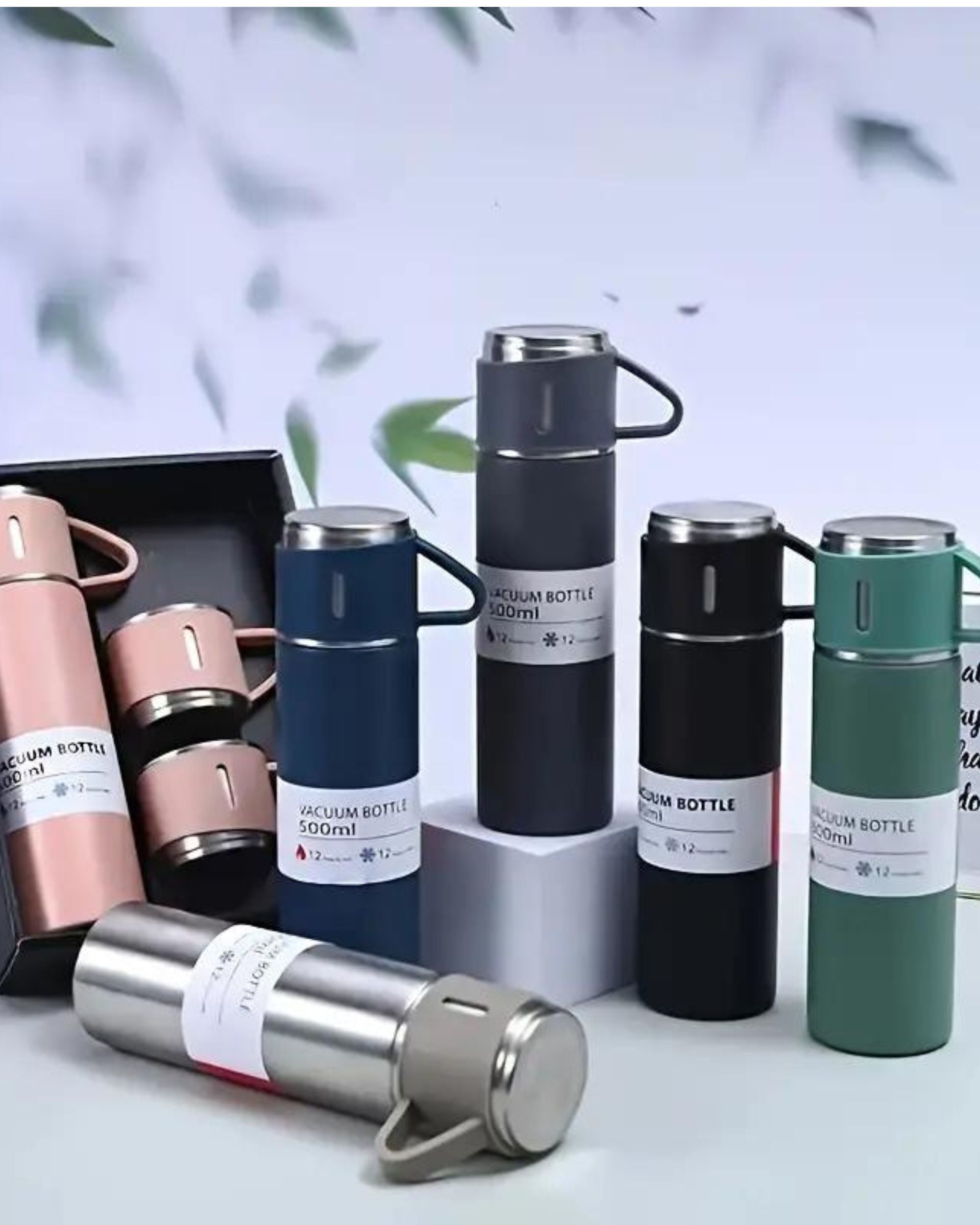 Premsons® 425ml Stainless Steel Vacuum Flask Set with 2 Cups | Double Wall Insulated Thermos Bottle for Hot & Cold Drinks | Leakproof Travel Flask