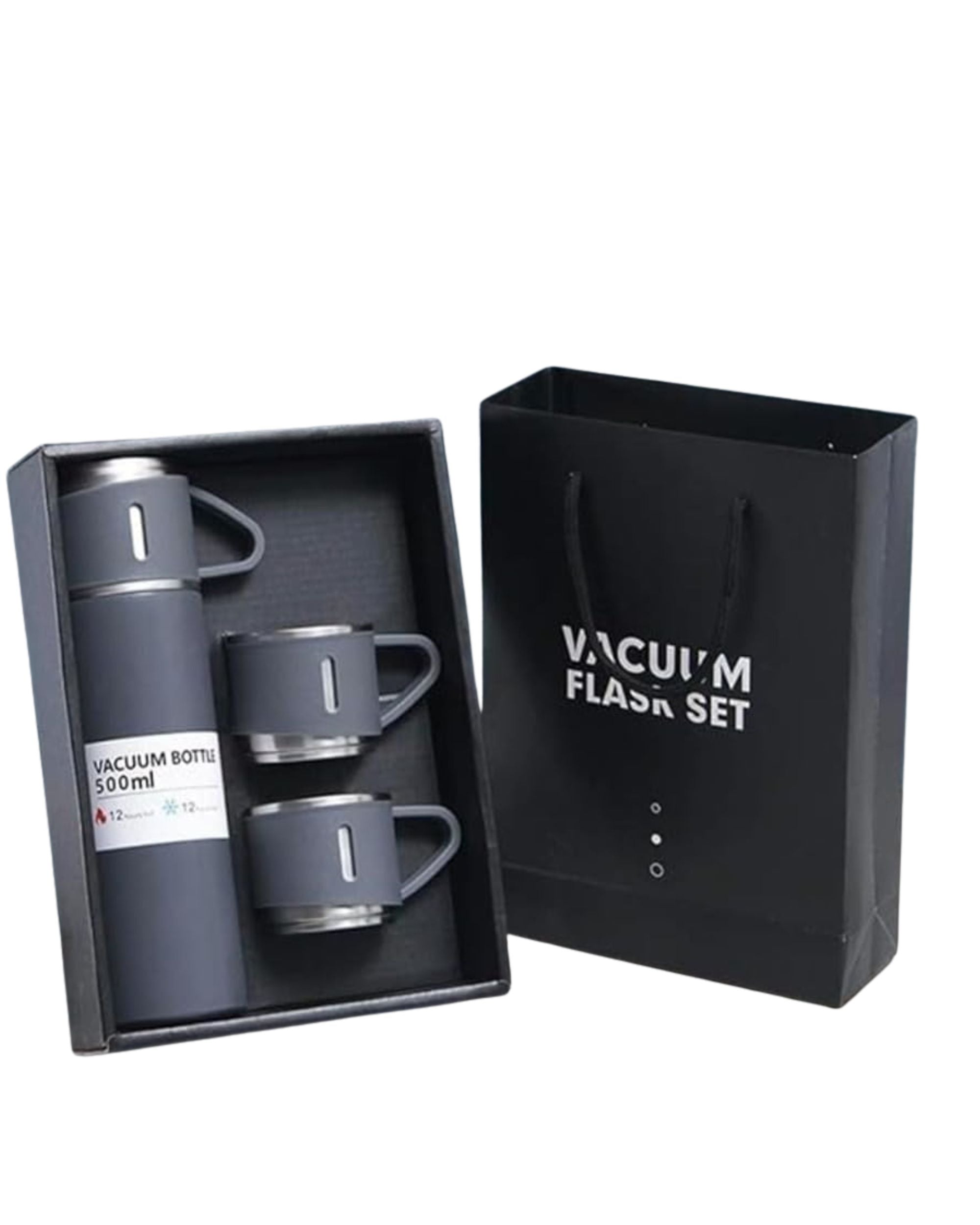 Premsons® 425ml Stainless Steel Vacuum Flask Set with 2 Cups | Double Wall Insulated Thermos Bottle for Hot & Cold Drinks | Leakproof Travel Flask