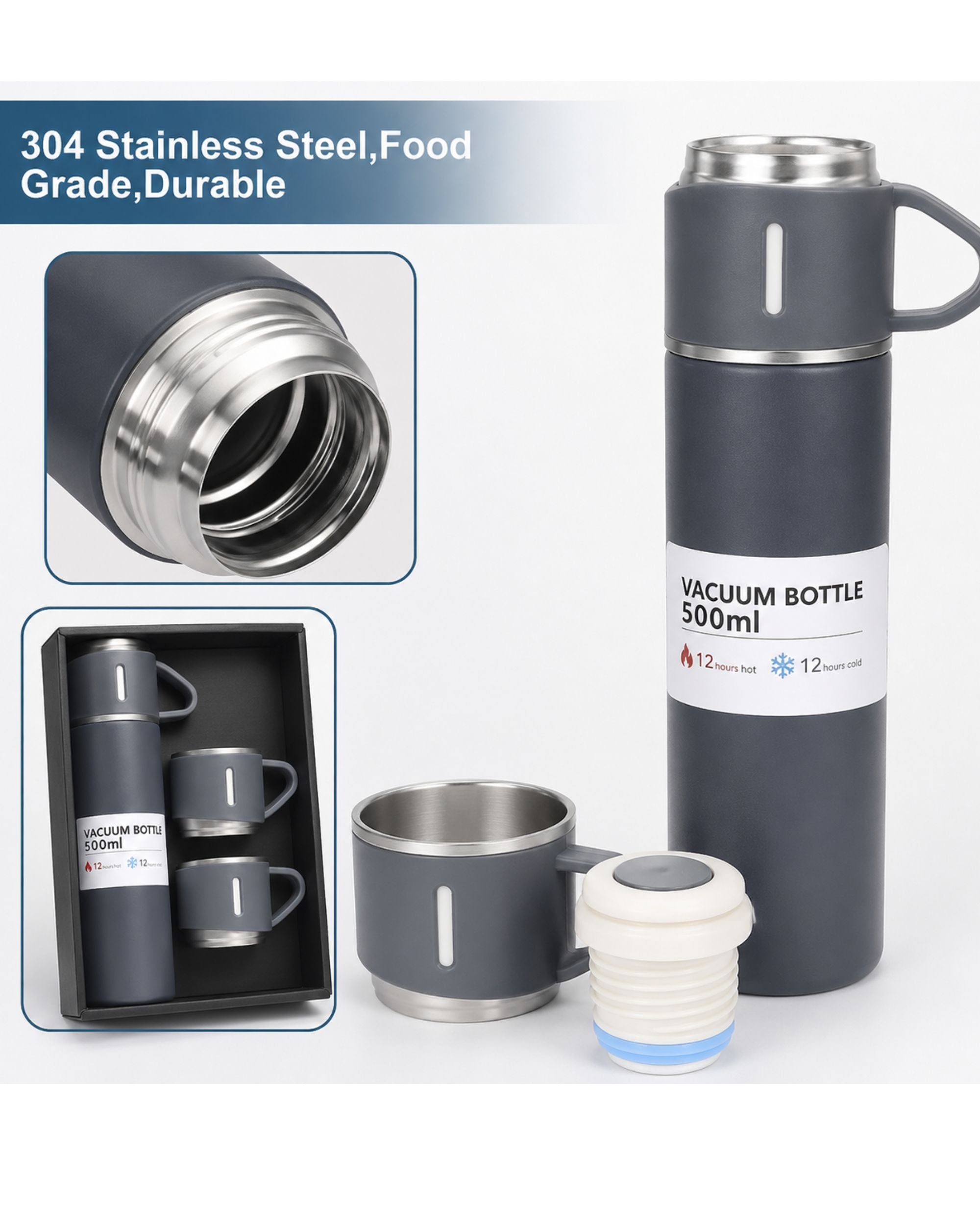 Premsons® 425ml Stainless Steel Vacuum Flask Set with 2 Cups | Double Wall Insulated Thermos Bottle for Hot & Cold Drinks | Leakproof Travel Flask