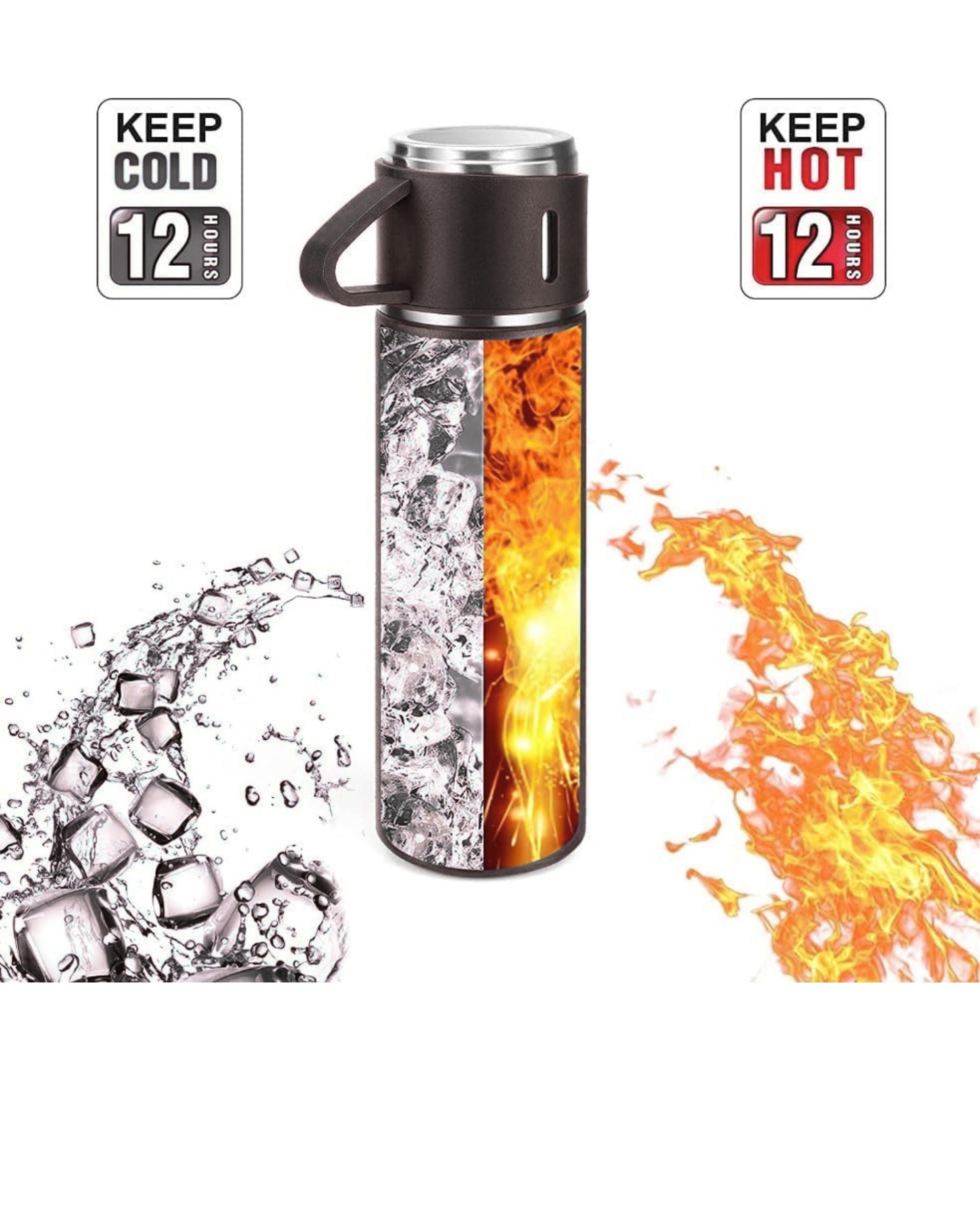 Premsons® 425ml Stainless Steel Vacuum Flask Set with 2 Cups | Double Wall Insulated Thermos Bottle for Hot & Cold Drinks | Leakproof Travel Flask