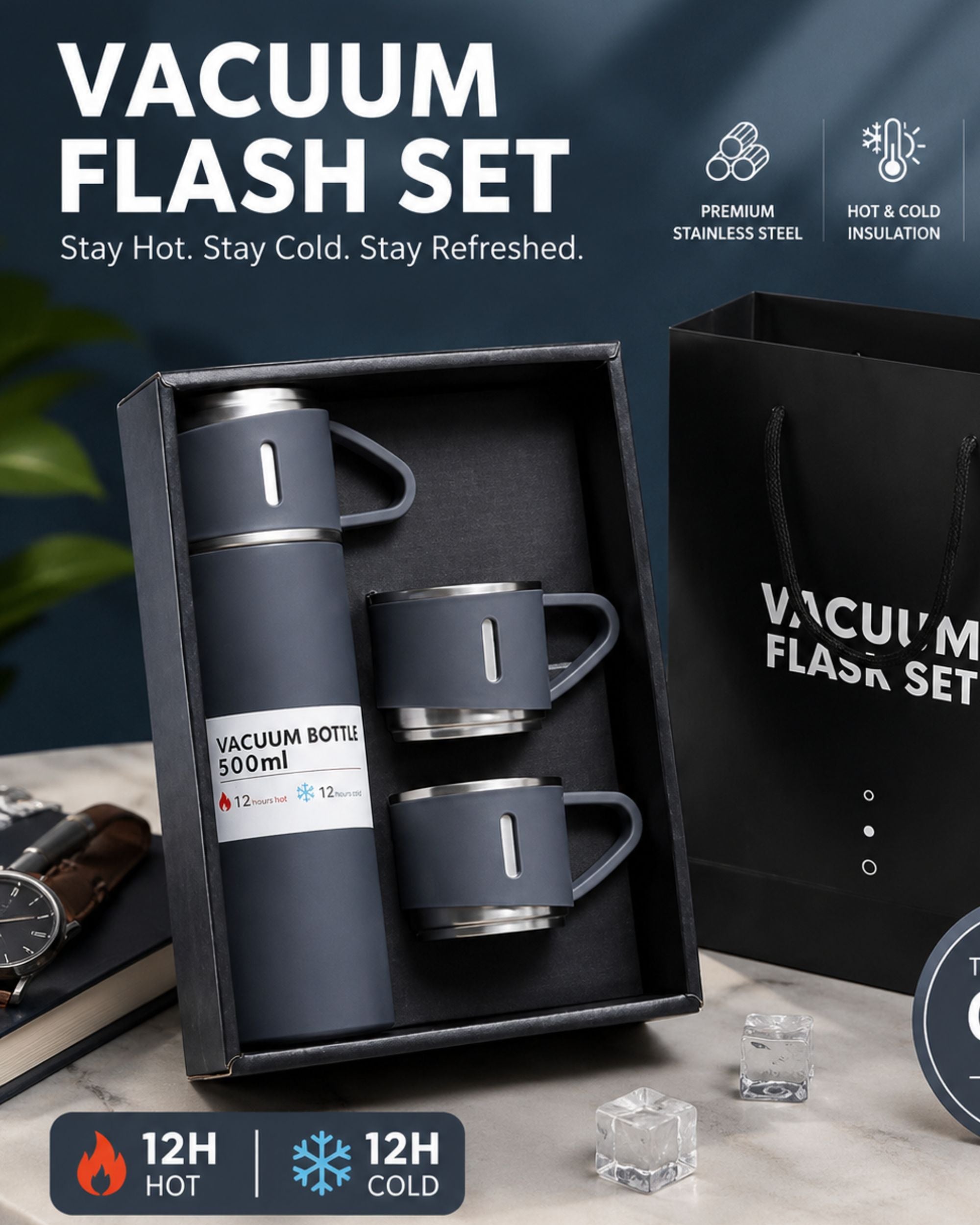 Premsons® 425ml Stainless Steel Vacuum Flask Set with 2 Cups | Double Wall Insulated Thermos Bottle for Hot & Cold Drinks | Leakproof Travel Flask
