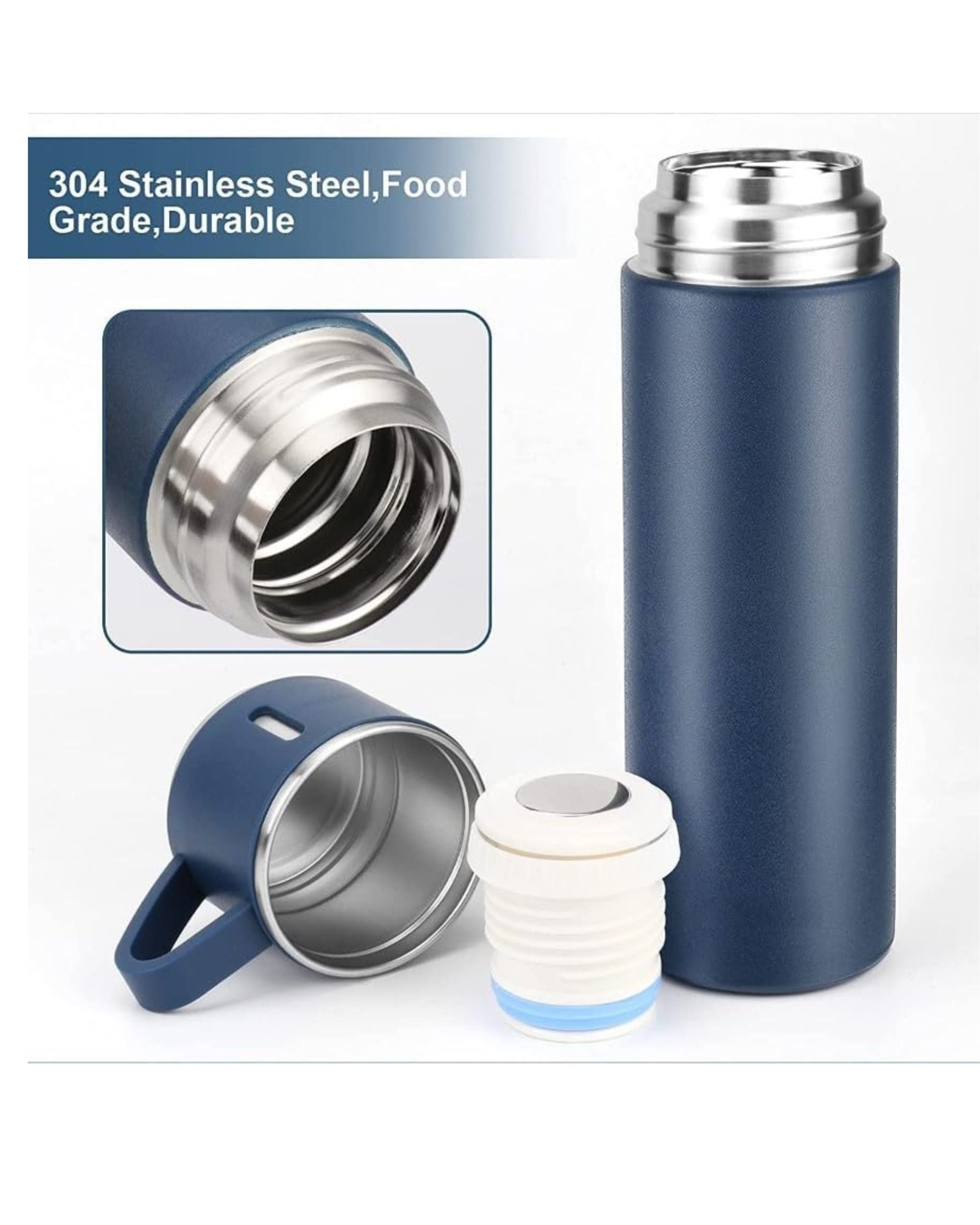 Premsons® 425ml Stainless Steel Vacuum Flask Set with 2 Cups | Double Wall Insulated Thermos Bottle for Hot & Cold Drinks | Leakproof Travel Flask