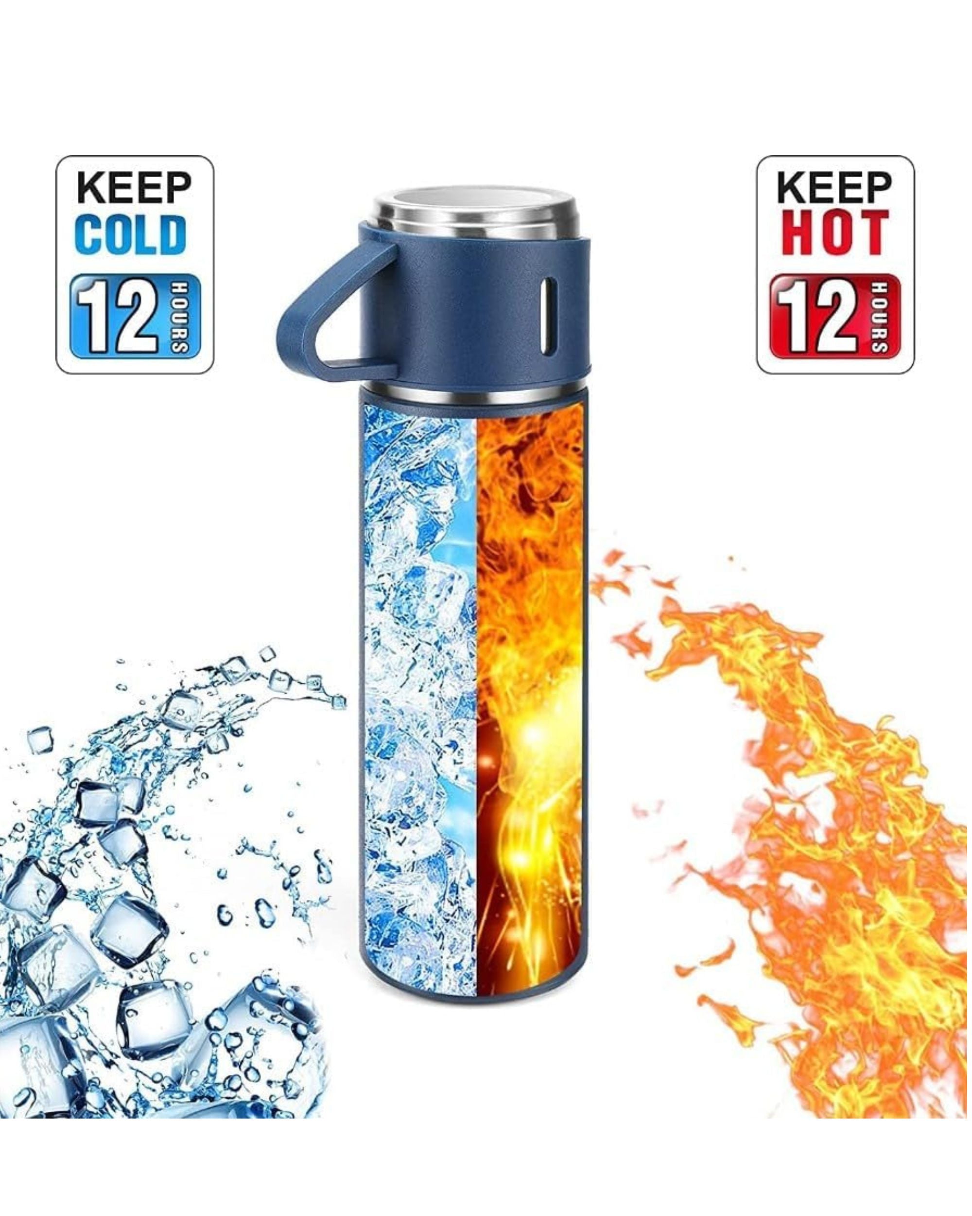 Premsons® 425ml Stainless Steel Vacuum Flask Set with 2 Cups | Double Wall Insulated Thermos Bottle for Hot & Cold Drinks | Leakproof Travel Flask