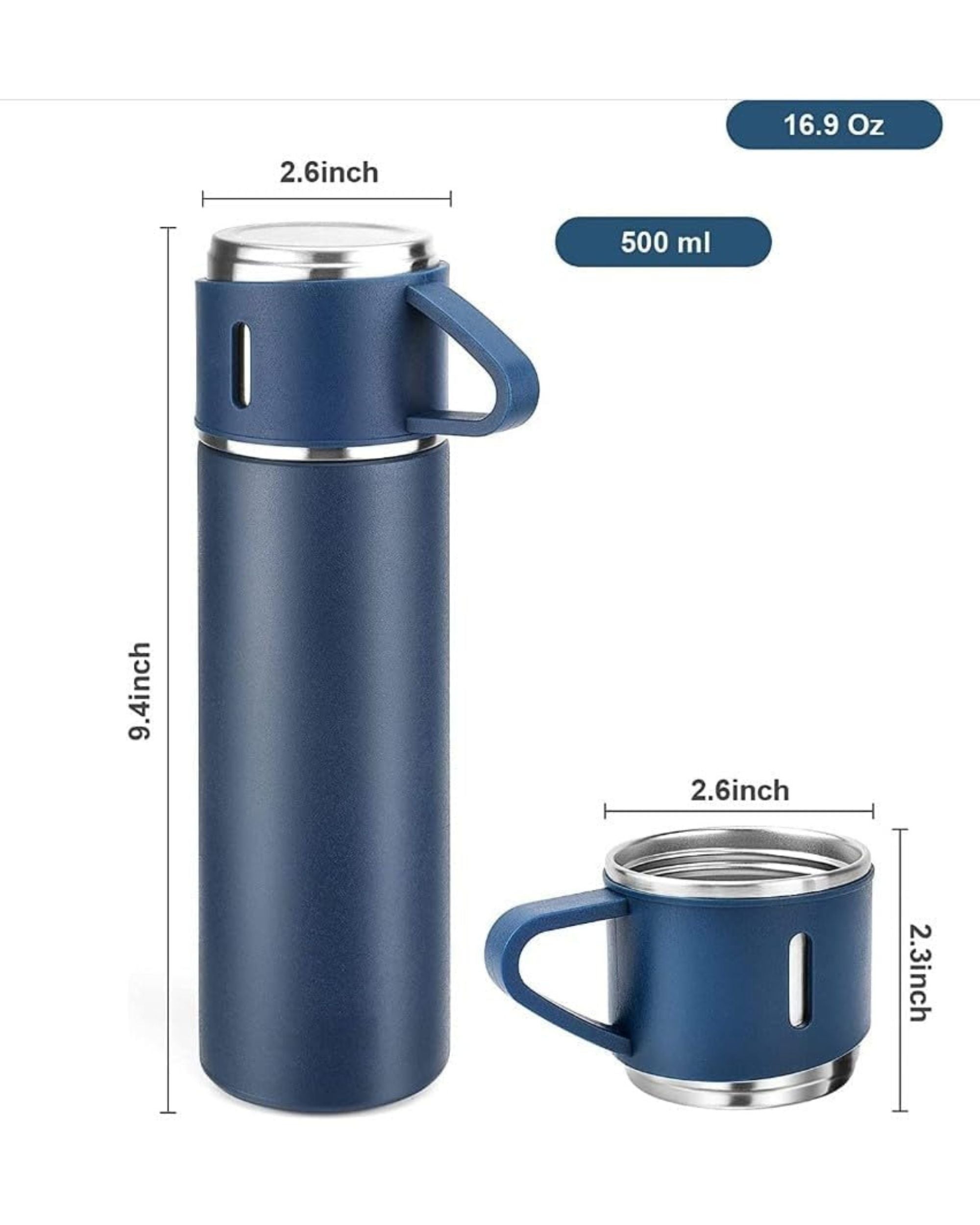 Premsons® 425ml Stainless Steel Vacuum Flask Set with 2 Cups | Double Wall Insulated Thermos Bottle for Hot & Cold Drinks | Leakproof Travel Flask