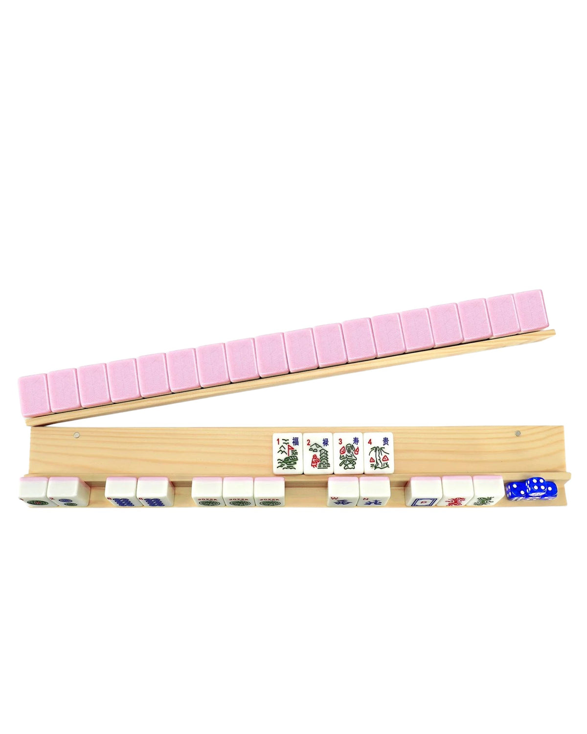 Wooden mahjong tile rack set with pink tile rests and sliding pushers (set of 4)