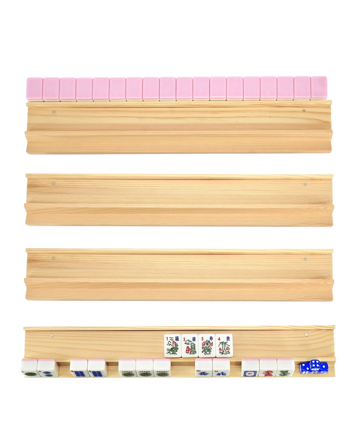 Set of 4 wooden mahjong tile racks with pink tile rests and pushers