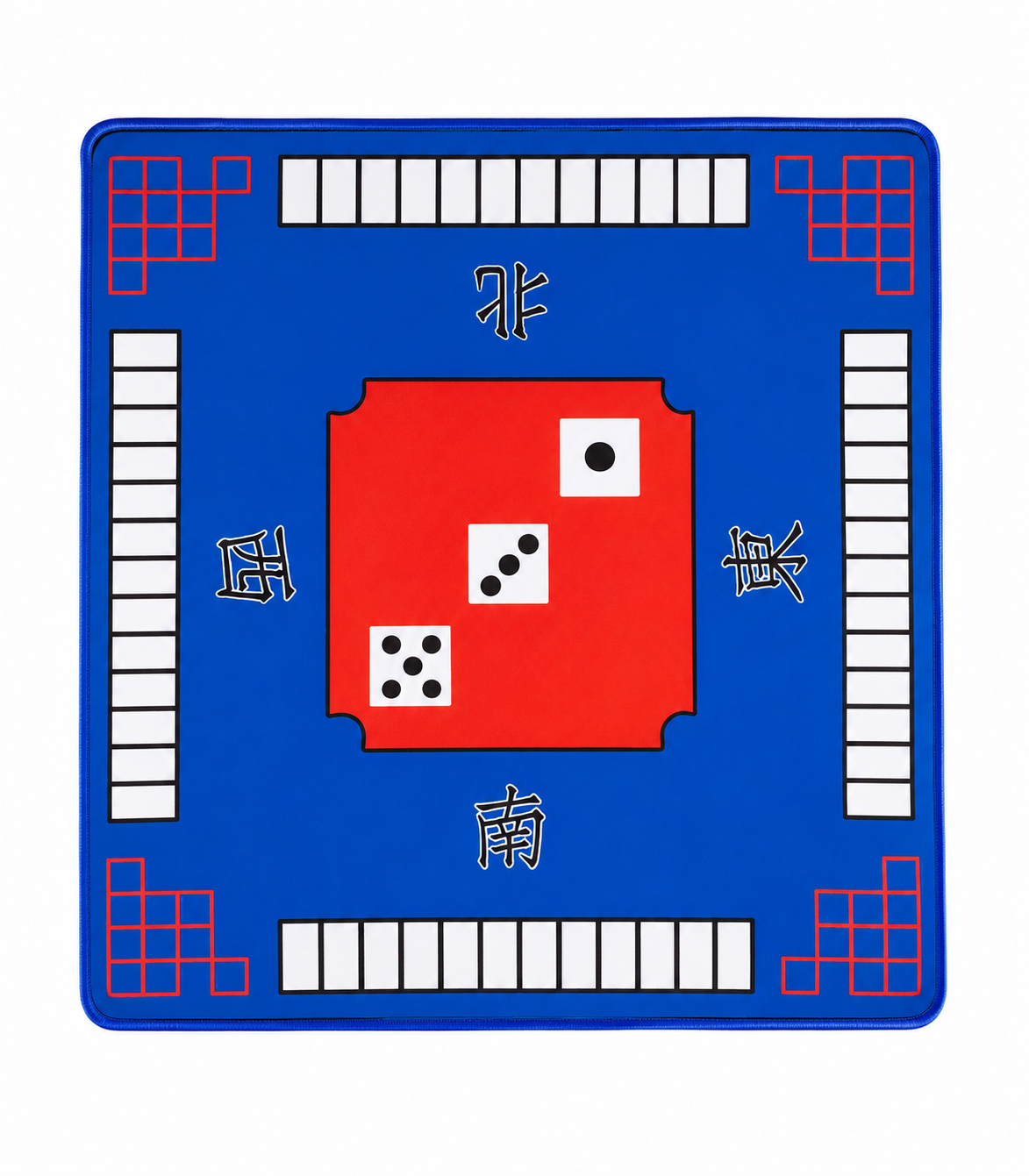 Blue Mahjong table mat with red tile patterns and central card layout, non-slip surface