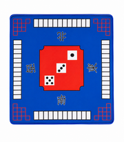 Blue Mahjong table mat with red tile patterns and central card layout, non-slip surface