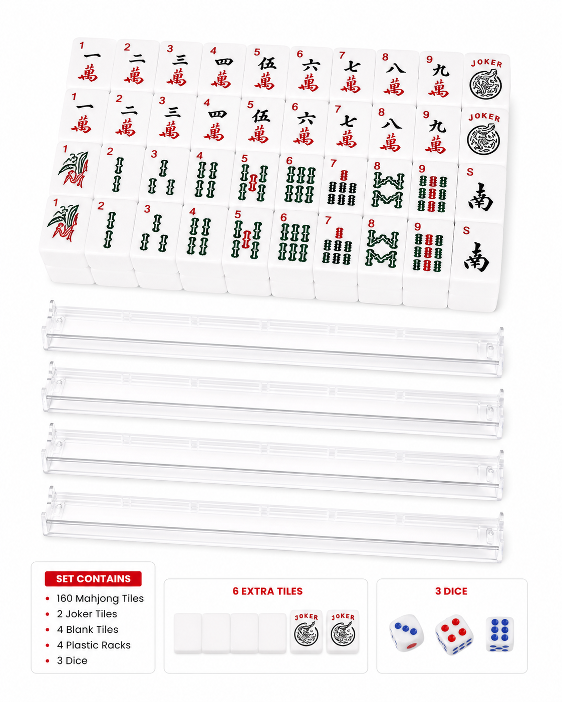Premsons® American Mini Mahjong Tile Set – 166 Small Premium Melamine Tiles (20 × 14 × 11.5 mm) with 4 Plastic Racks, 3 Dice, 2 Joker & 4 Blank Tiles | Compact Travel Mahjong Game Set
