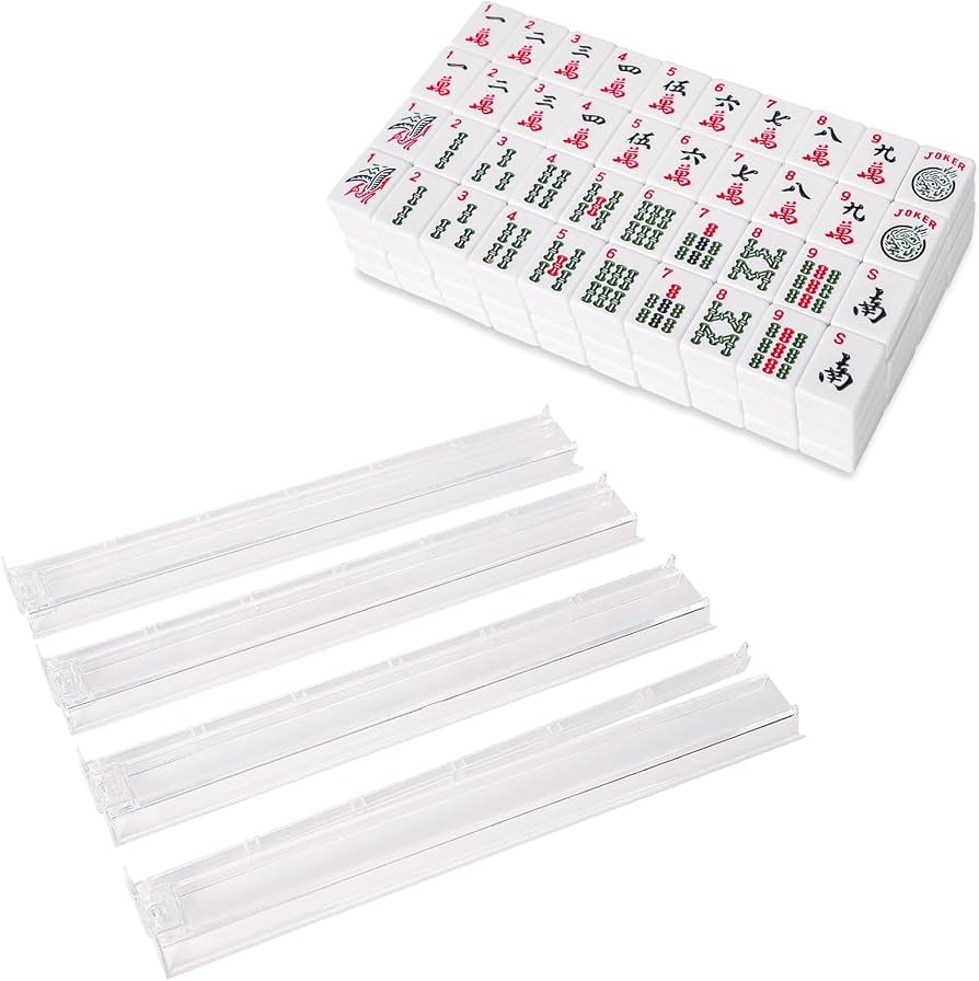 Premsons® American Mini Mahjong Tile Set – 166 Small Premium Melamine Tiles (20 × 14 × 11.5 mm) with 4 Plastic Racks, 3 Dice, 2 Joker & 4 Blank Tiles | Compact Travel Mahjong Game Set