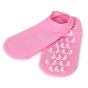 Pink spa gel socks with white pattern, cushioned ankle and heel coverage