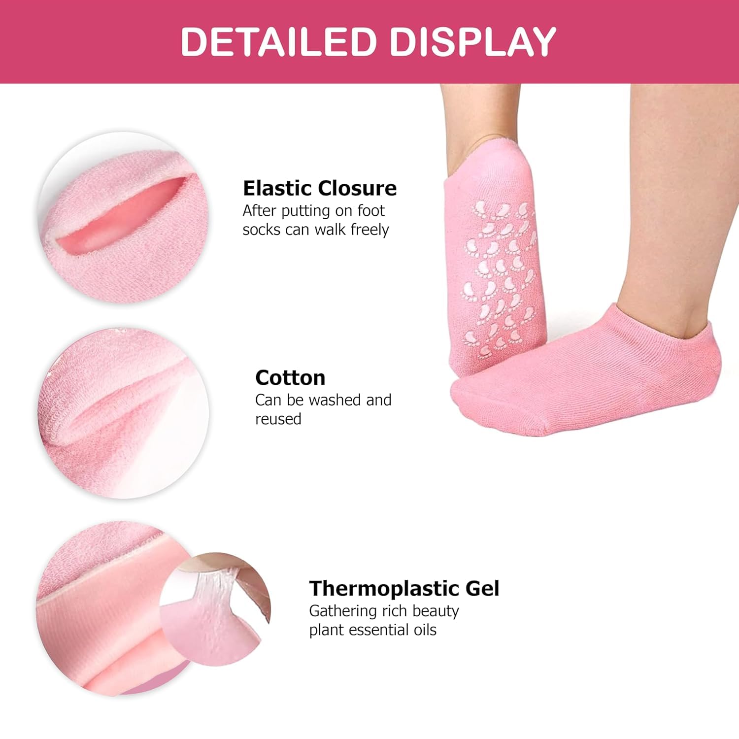 Pink gel socks detail: elastic opening, cotton fabric, thermoplastic gel layer