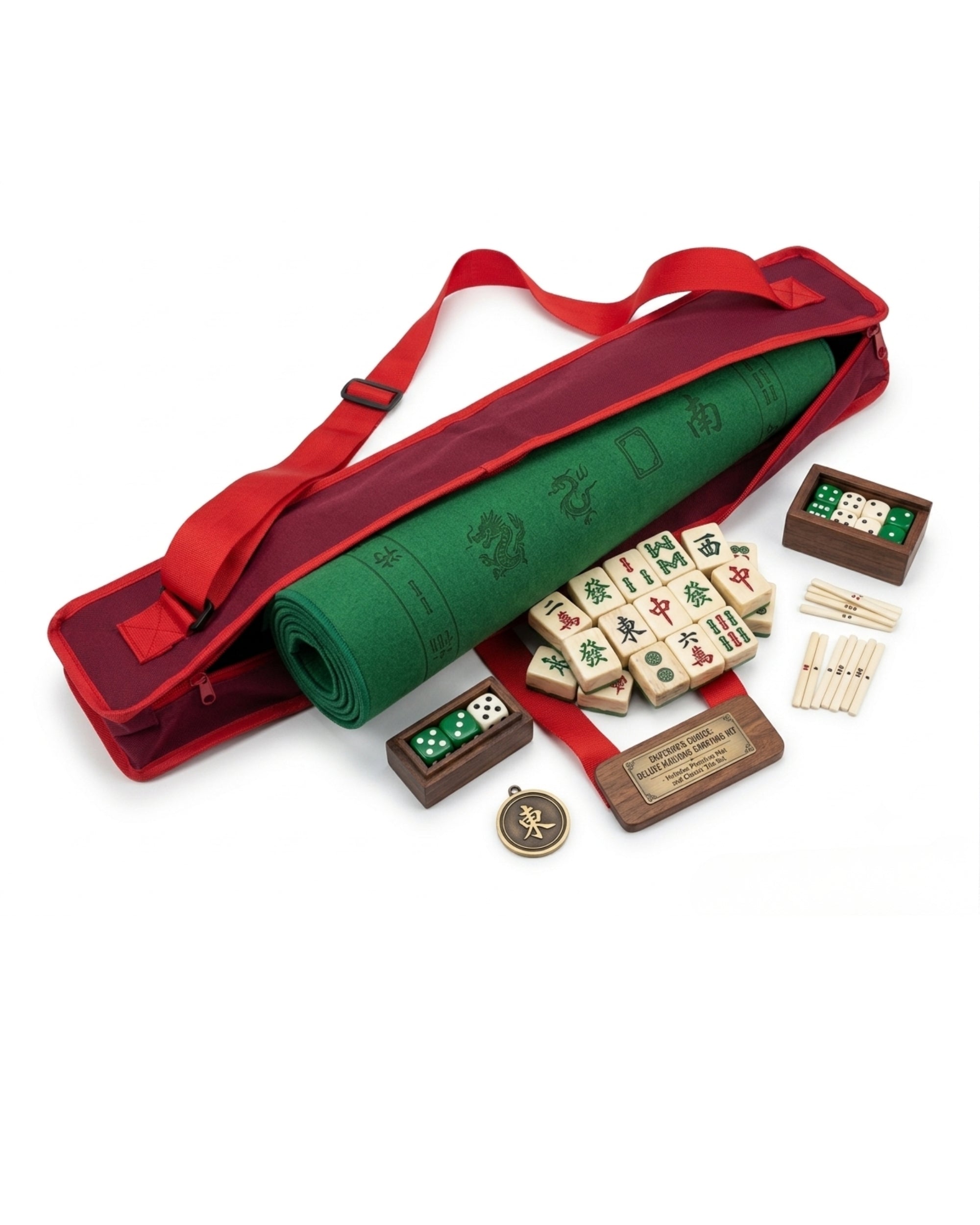 Red mahjong mat carry bag holding rolled mat and game tiles