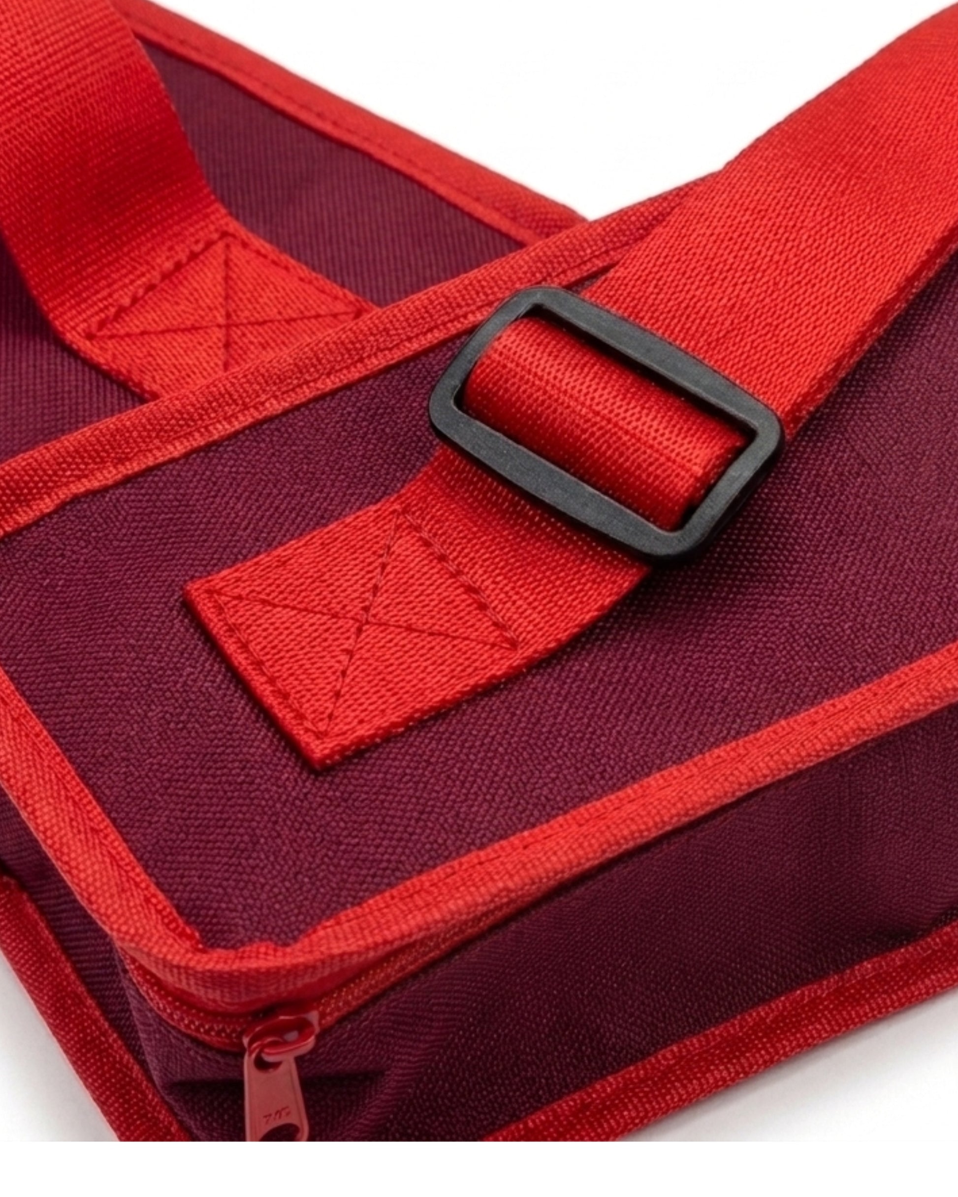 Red fabric mahjong mat carry bag with buckle strap and stitched pocket