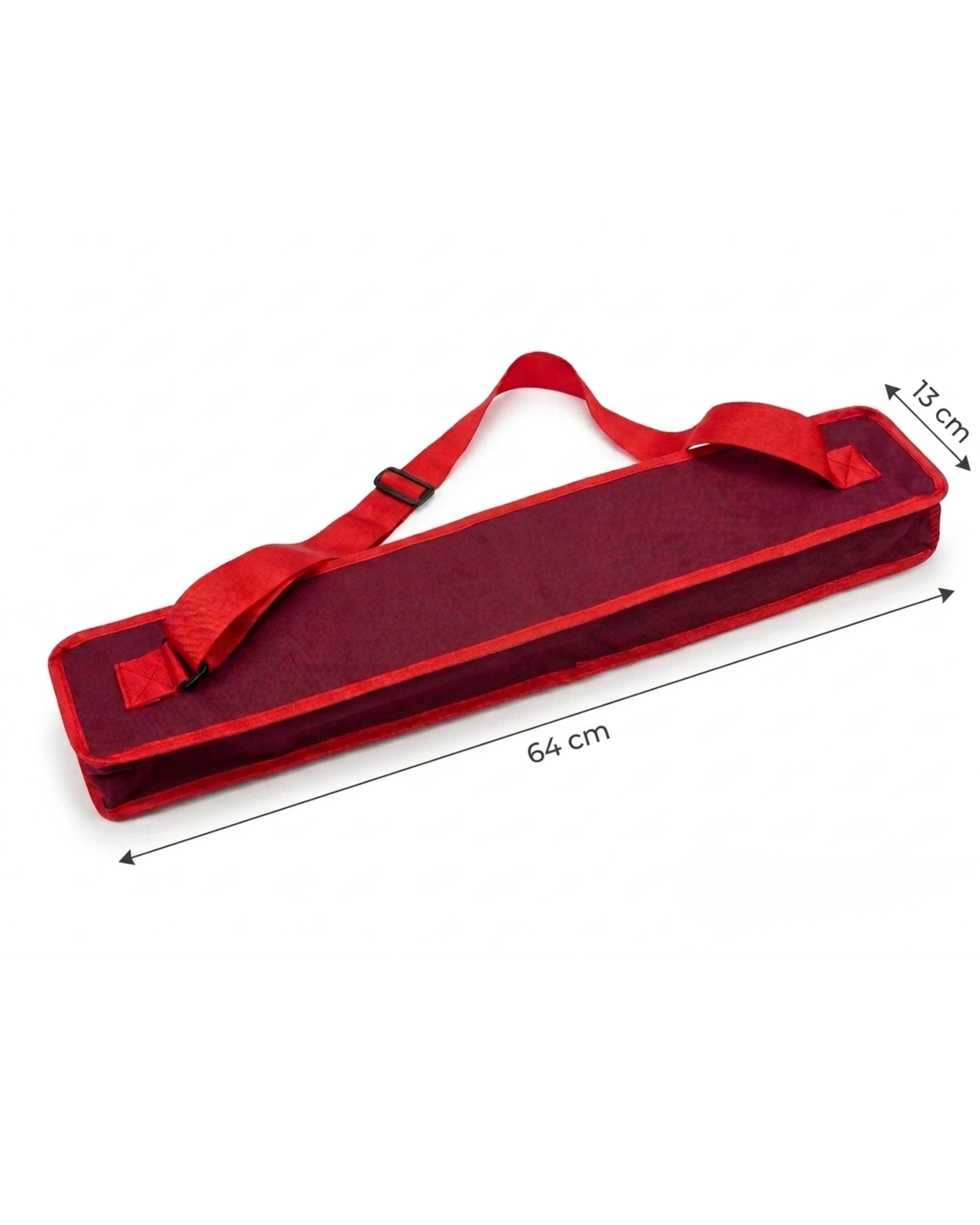 Red mahjong mat carry bag with measurements shown on the closed bag