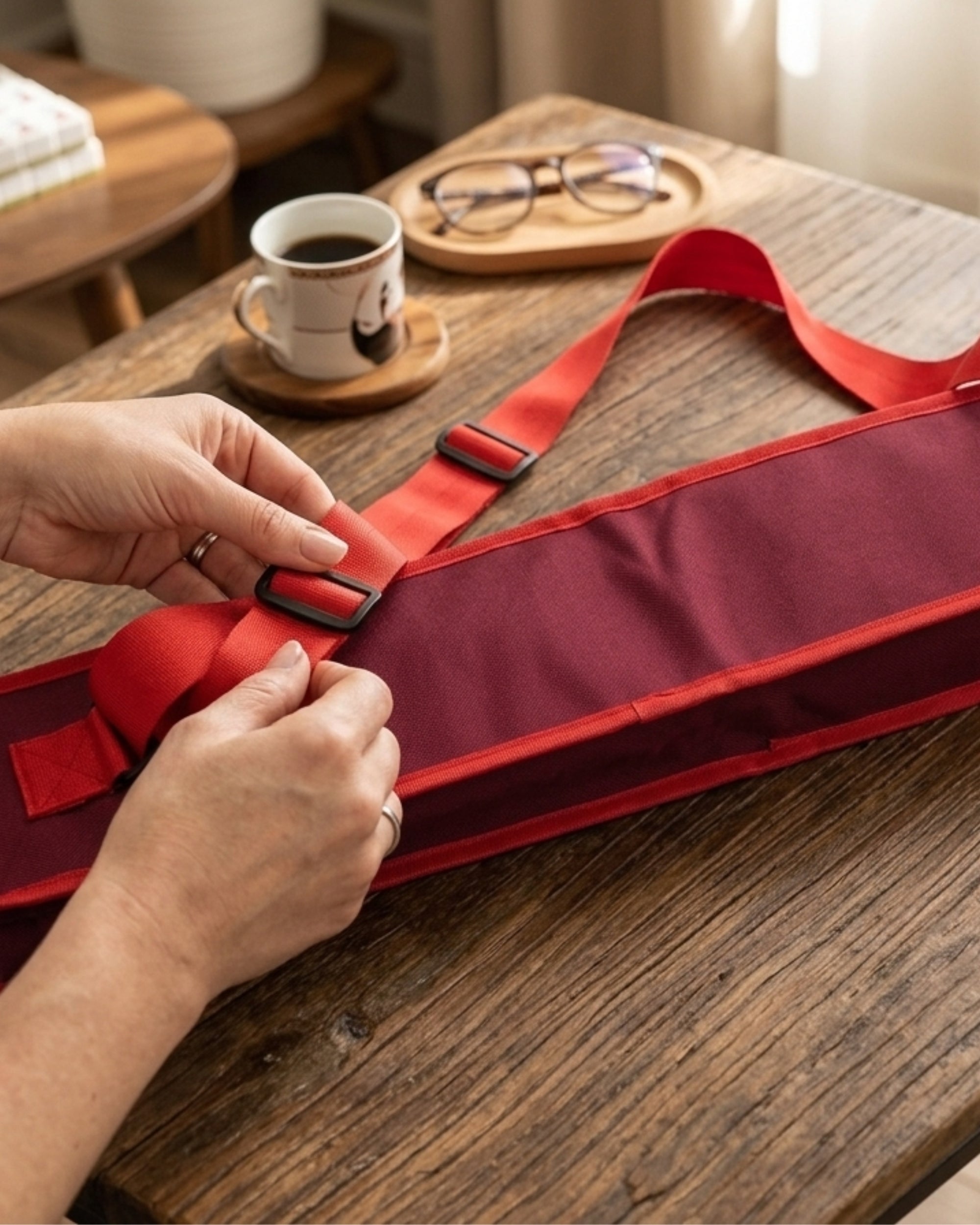 Red mahjong mat carry bag being secured with buckle strap at a table