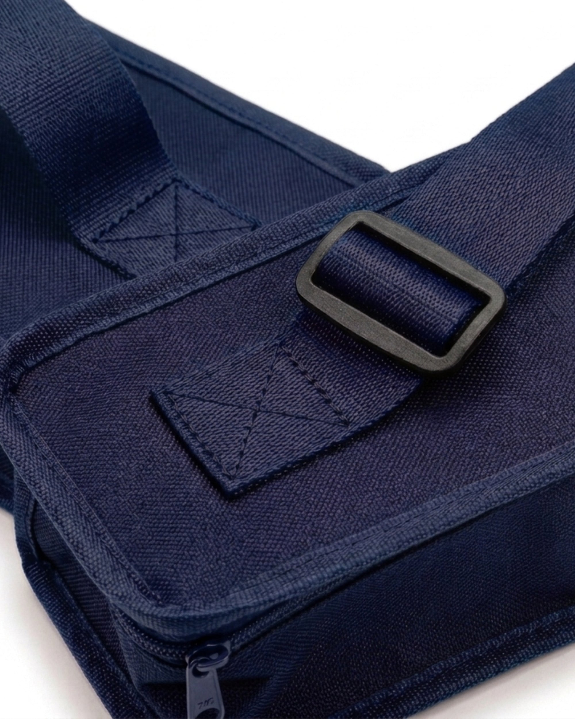 Navy fabric mahjong mat carry bag with buckle strap and stitched pocket