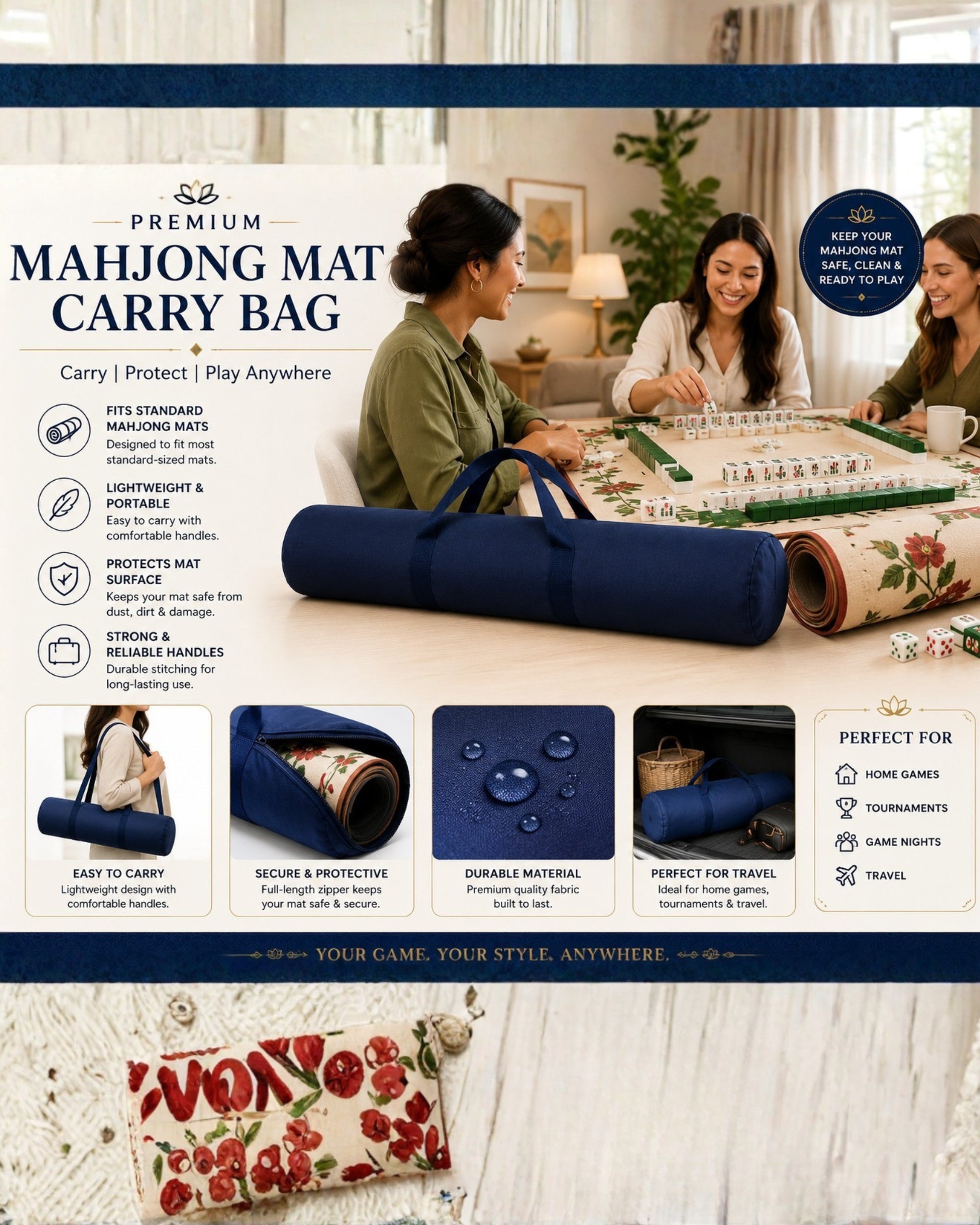 Premsons® Premium Mahjong Mat Carry Bag – Stylish, Durable & Easy Storage for Mahjong Playing Mats