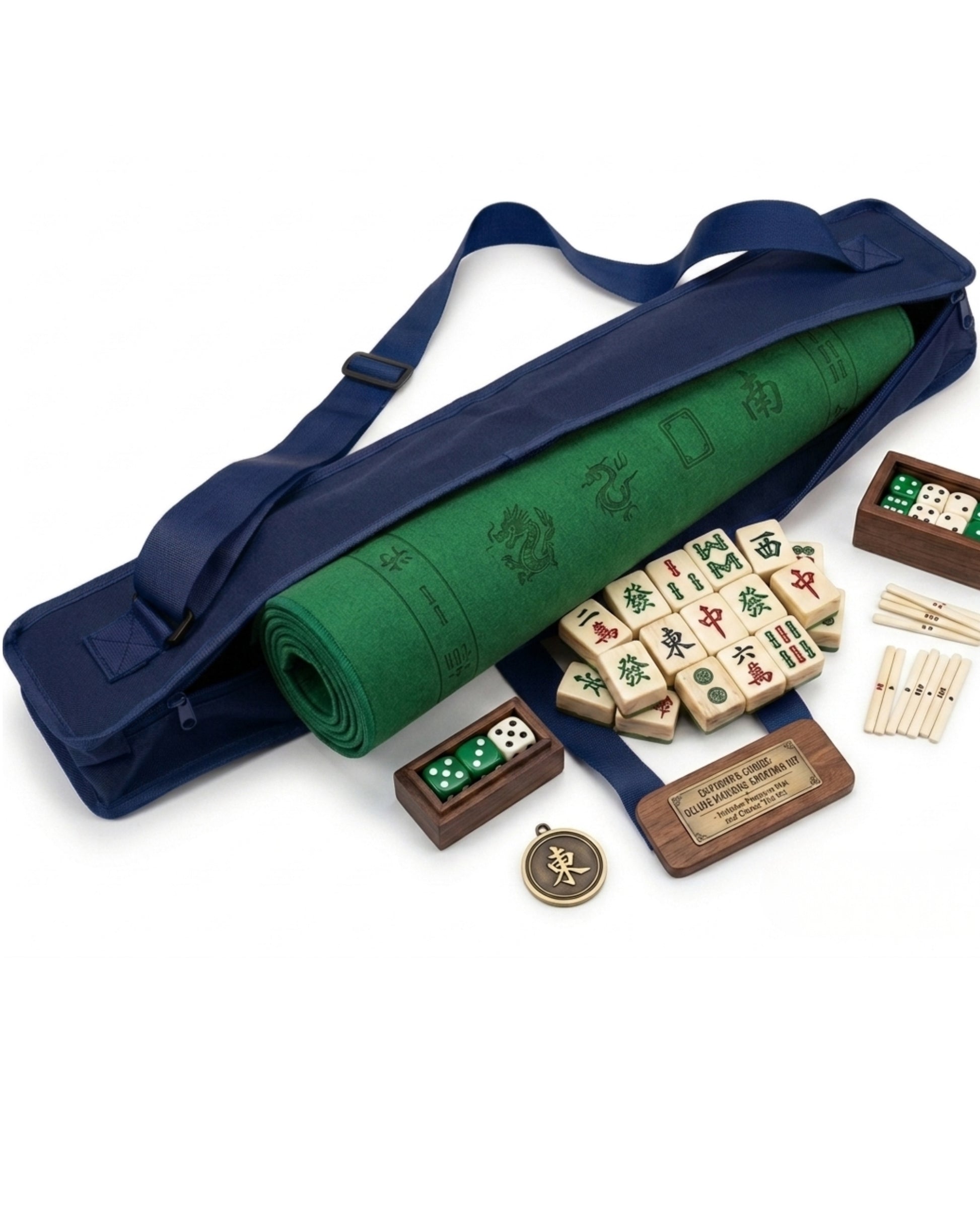 Navy mahjong mat carry bag holding rolled mat and game tiles