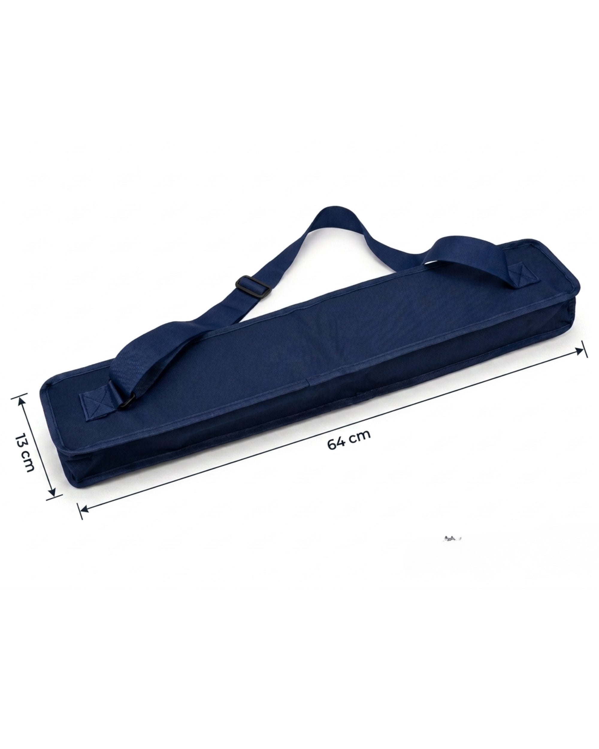 Navy mahjong mat carry bag with measurements shown on the closed bag