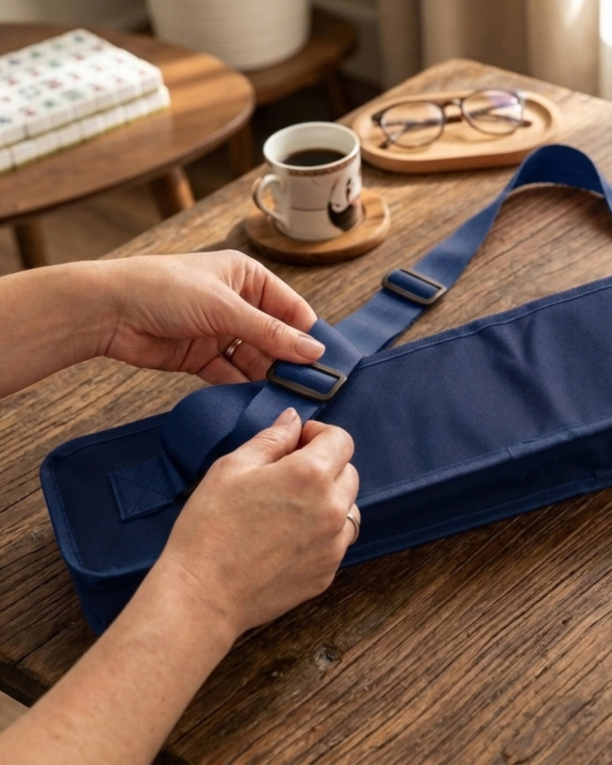 Navy mahjong mat carry bag being secured with buckle strap at a table