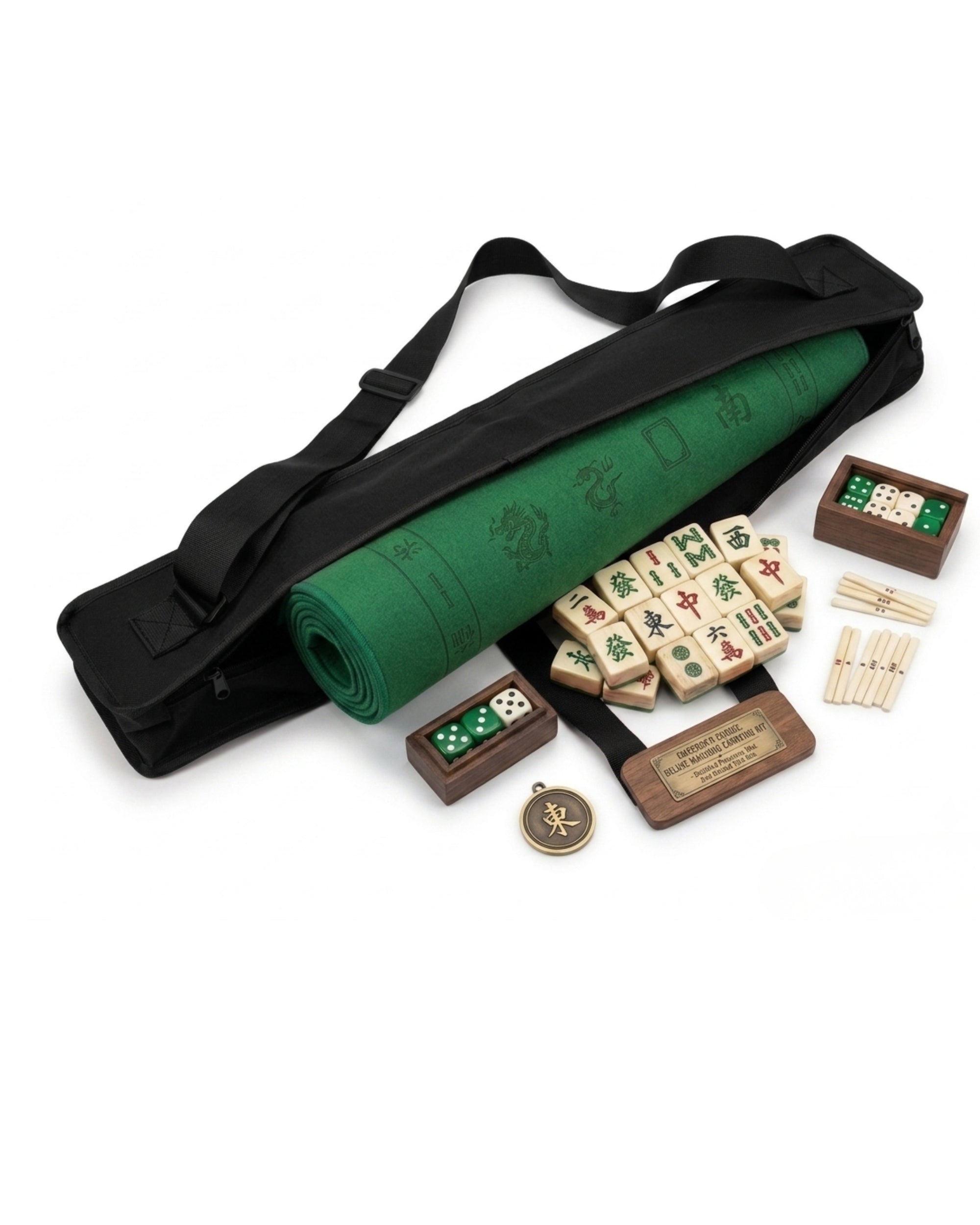 Black mahjong mat carry bag with rolled green mat inside and securing straps