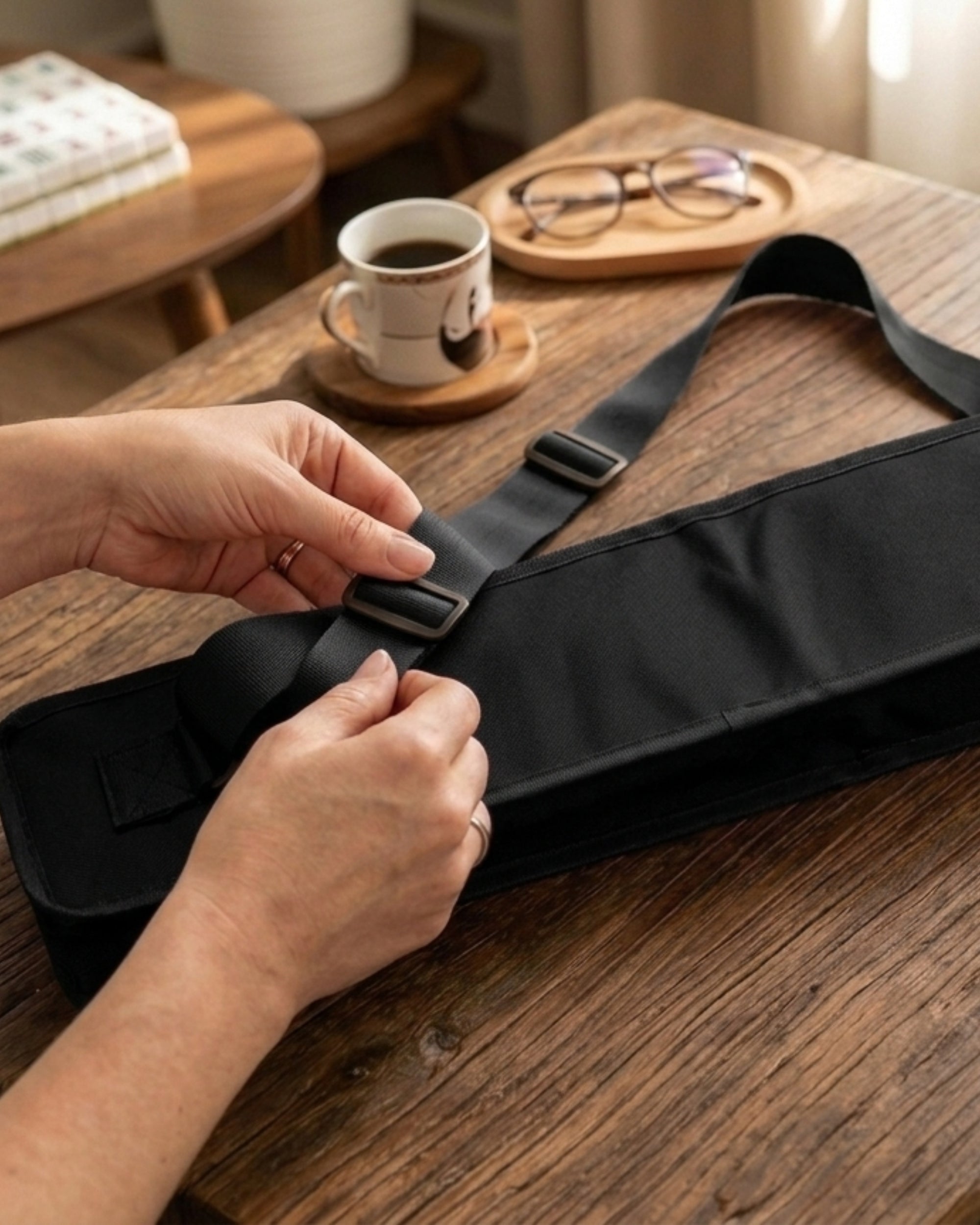 Black mahjong mat carry bag with adjustable strap and buckle on a tabletop