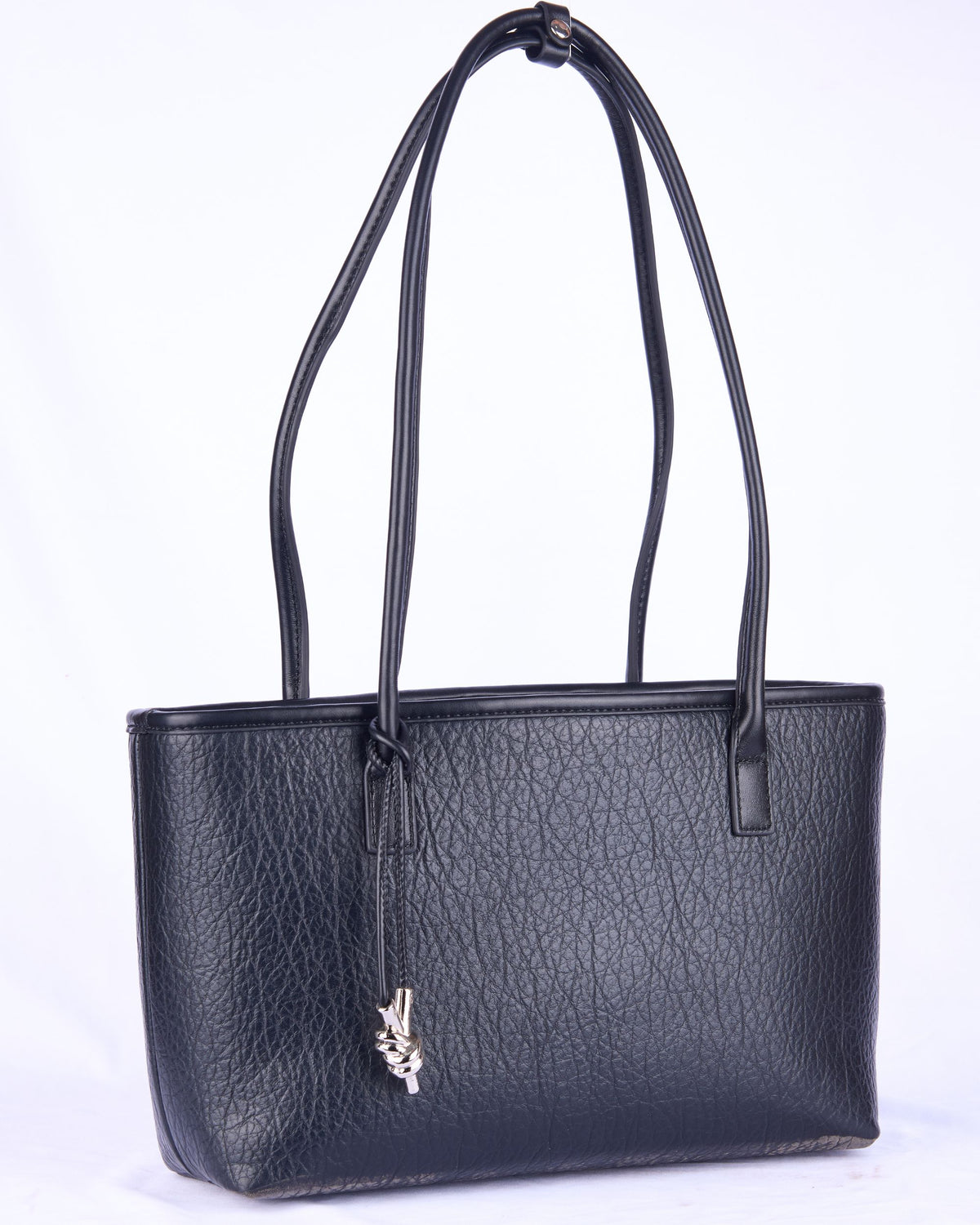 Black women's tote handbag with two handles, ruched drawstring top, and key charm