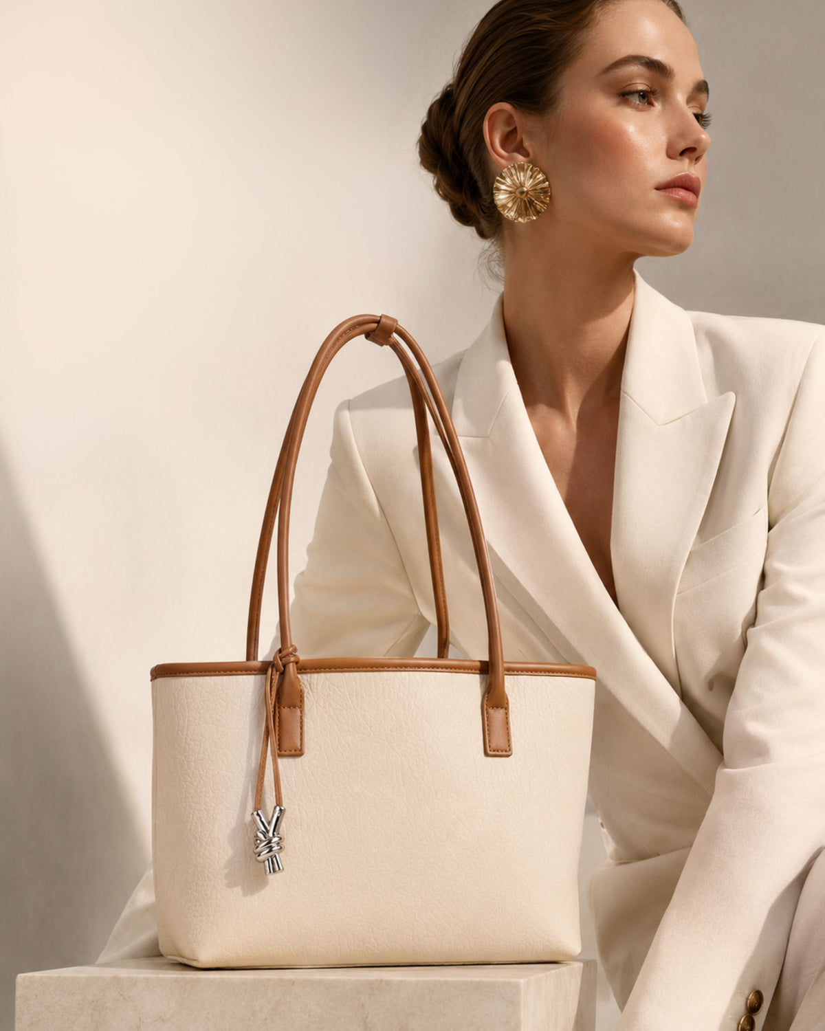 Cream tote handbag with double handles and metal tassel charm, styled for shoulder carry