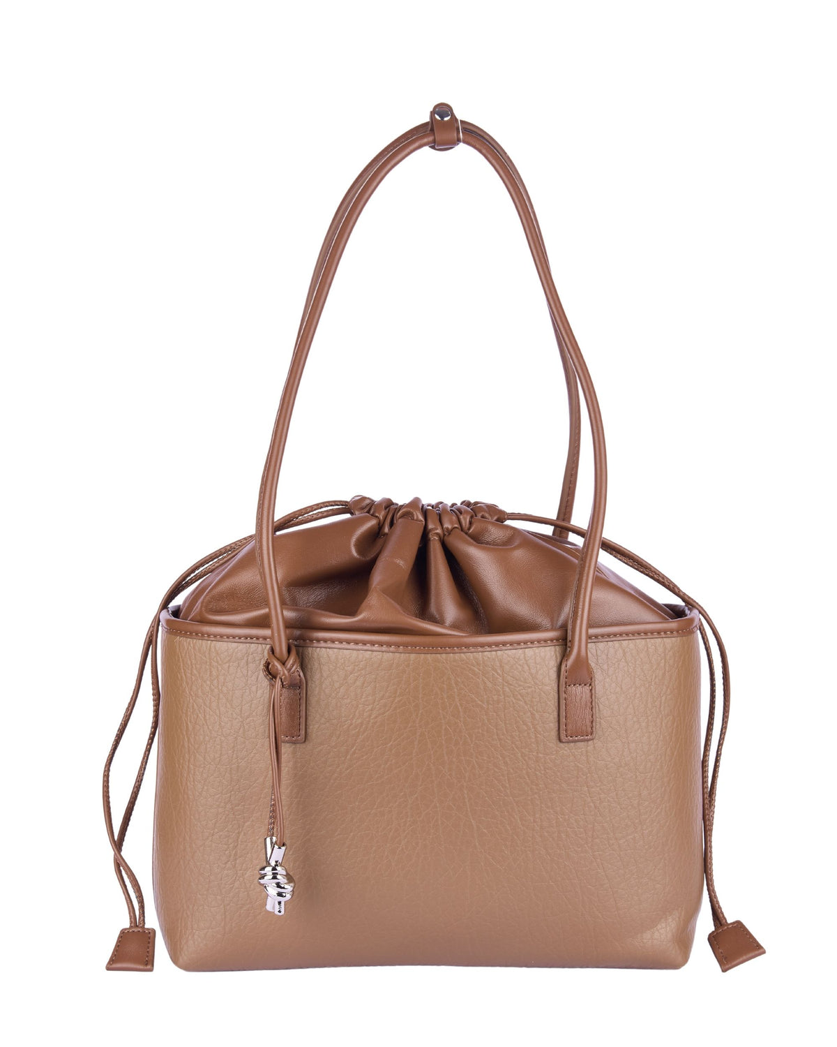 Light brown leather-look handbag with cinched drawstring top, double handles, and tassel ends