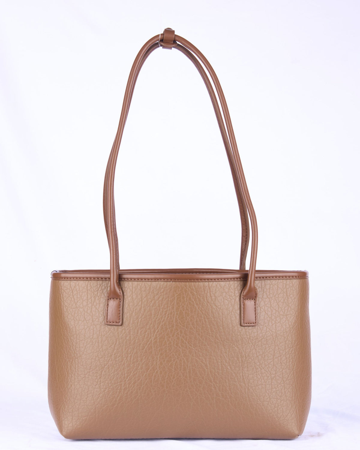 Light brown leather-look tote-style handbag with double handles and front tab accents