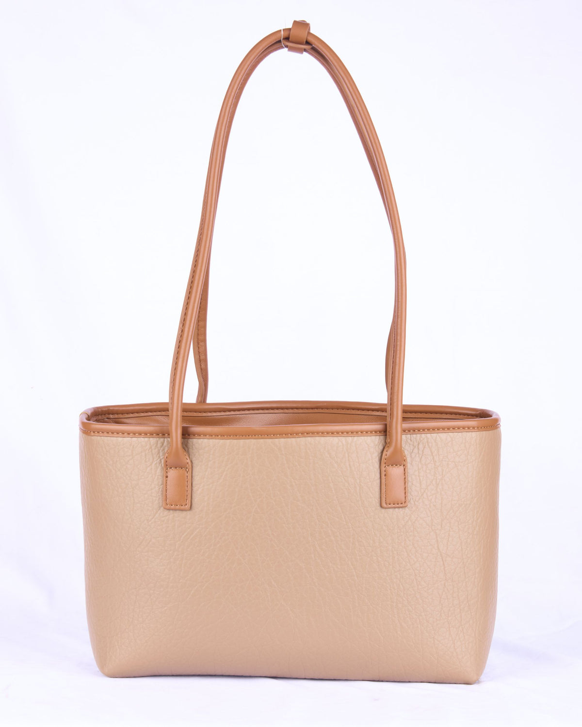 Light brown handbag with double handles and front panel pockets; drawstring top
