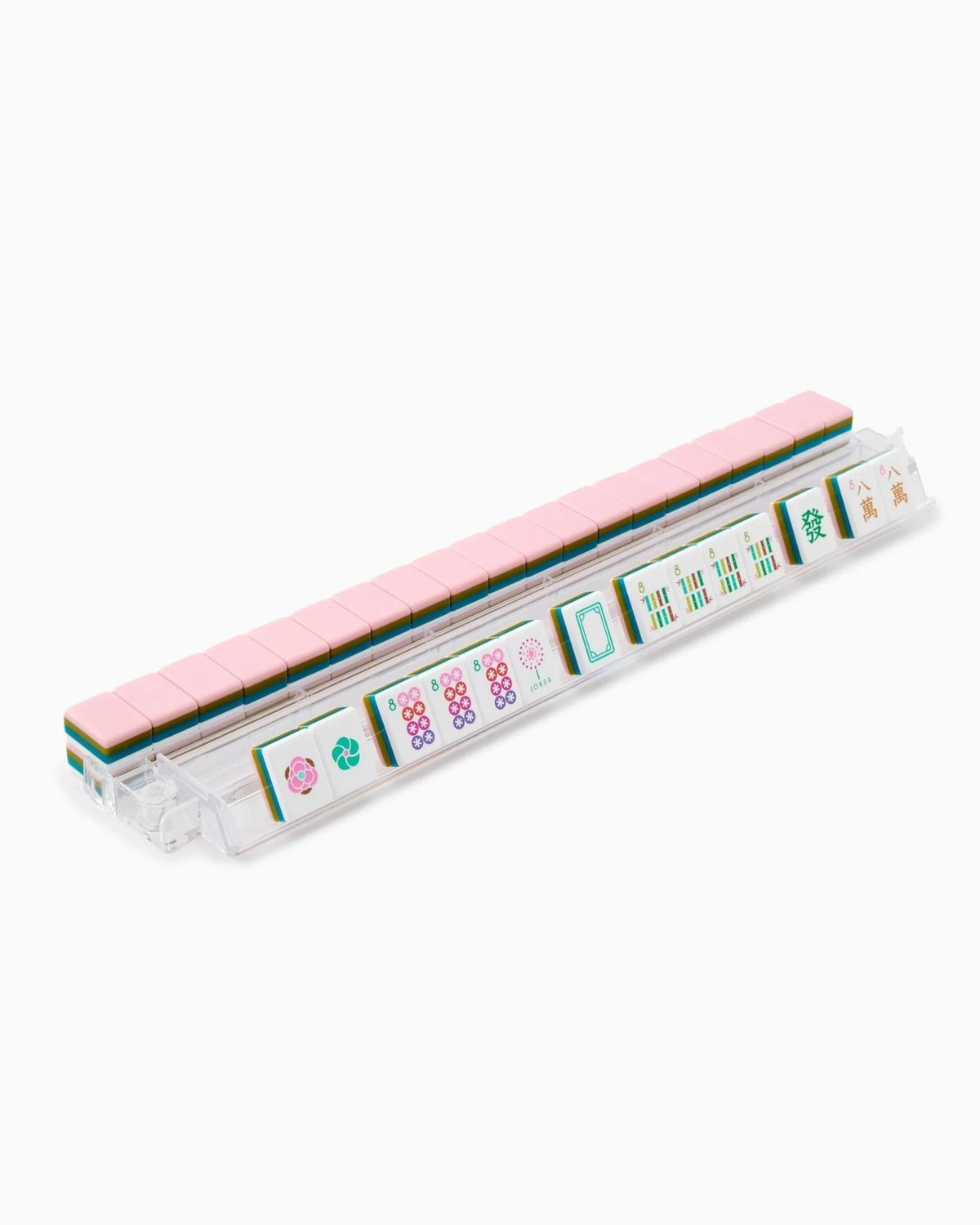 Acrylic mahjong tile rack with white tiles featuring colorful designs and pink ends.