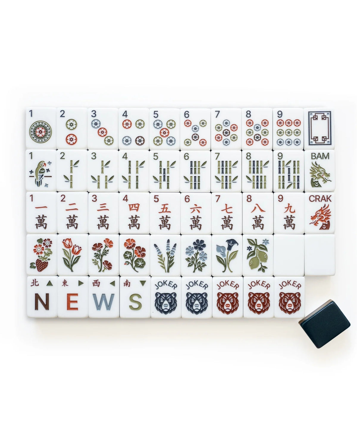 Acrylic mahjong tiles set showing bamboo, numbers, and character tiles