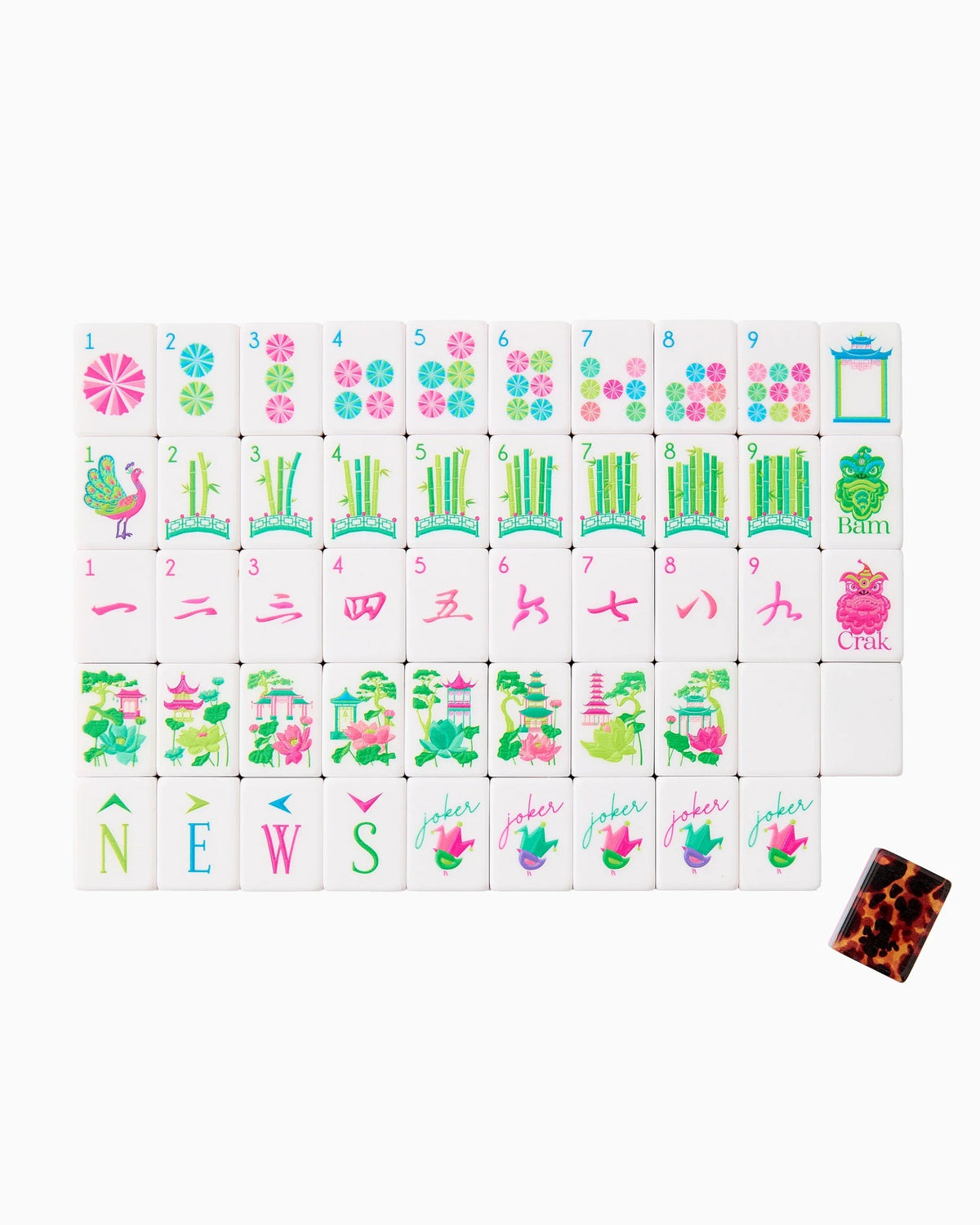 Acrylic mahjong tiles set with tortoise-pattern backs and colorful number and symbol faces