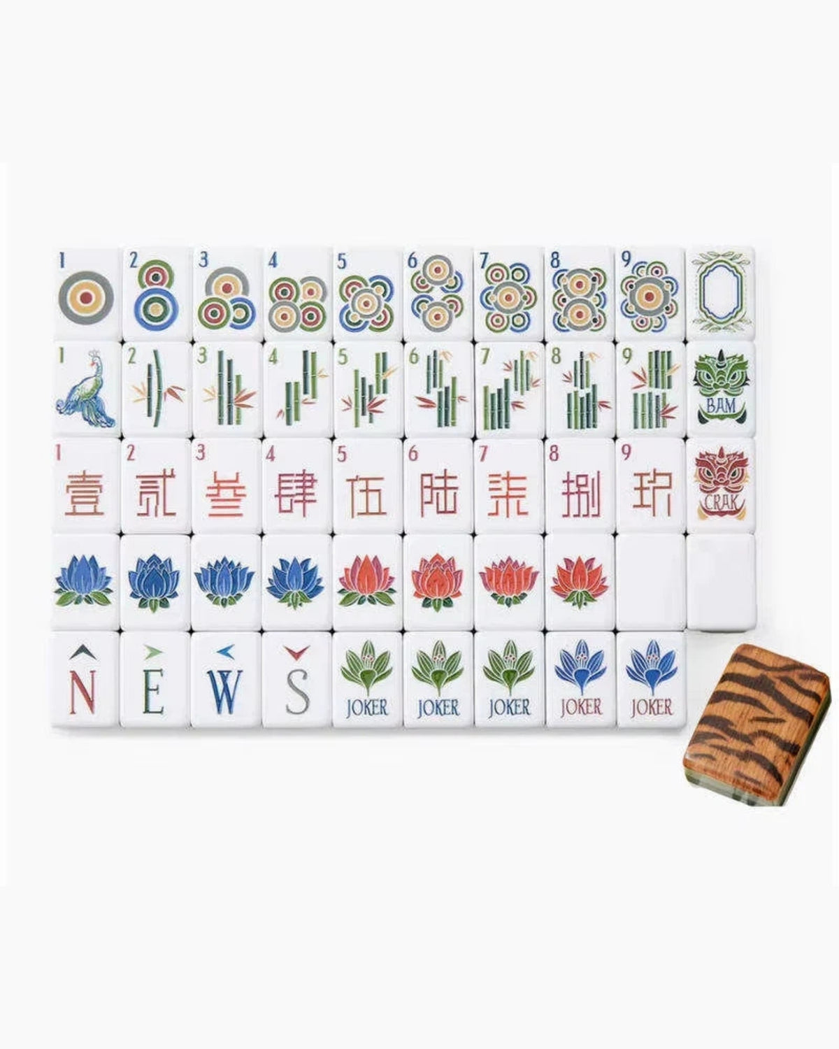 Acrylic mahjong tile set of 160 pieces, face-up suits, honors, and joker tiles