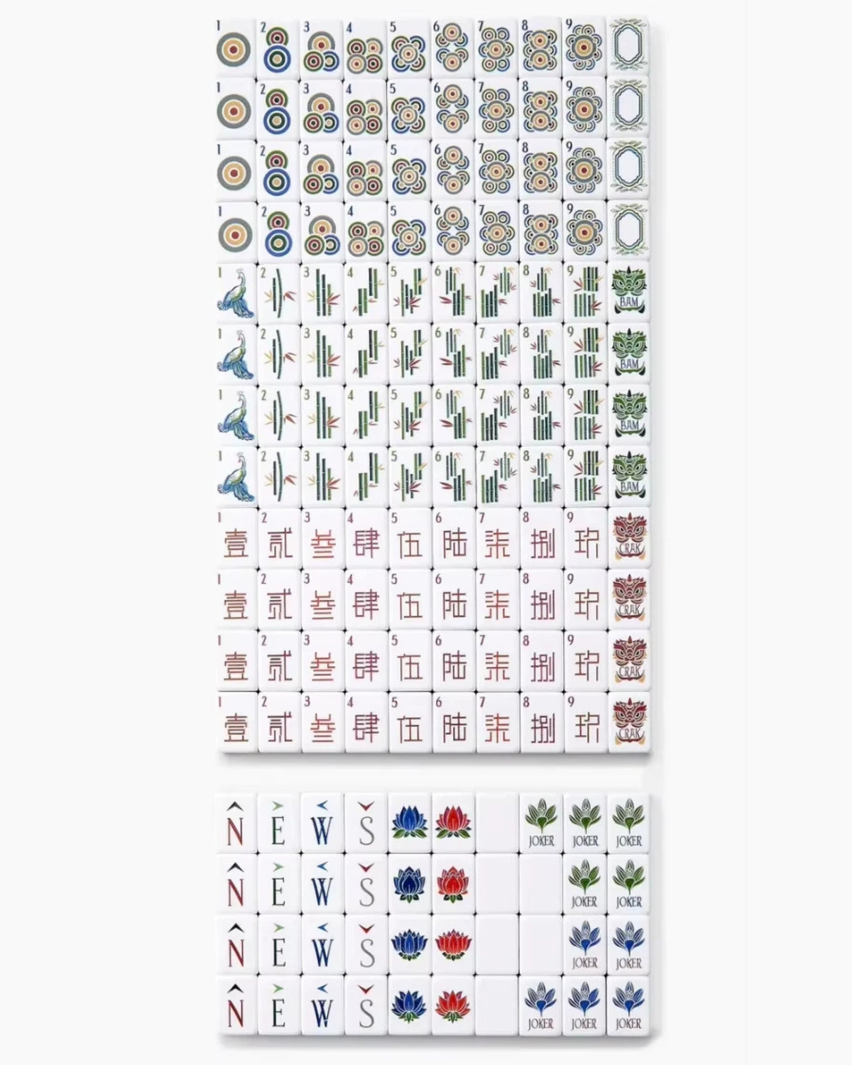 Acrylic mahjong tiles laid out in a grid, with jokers and suit tile faces