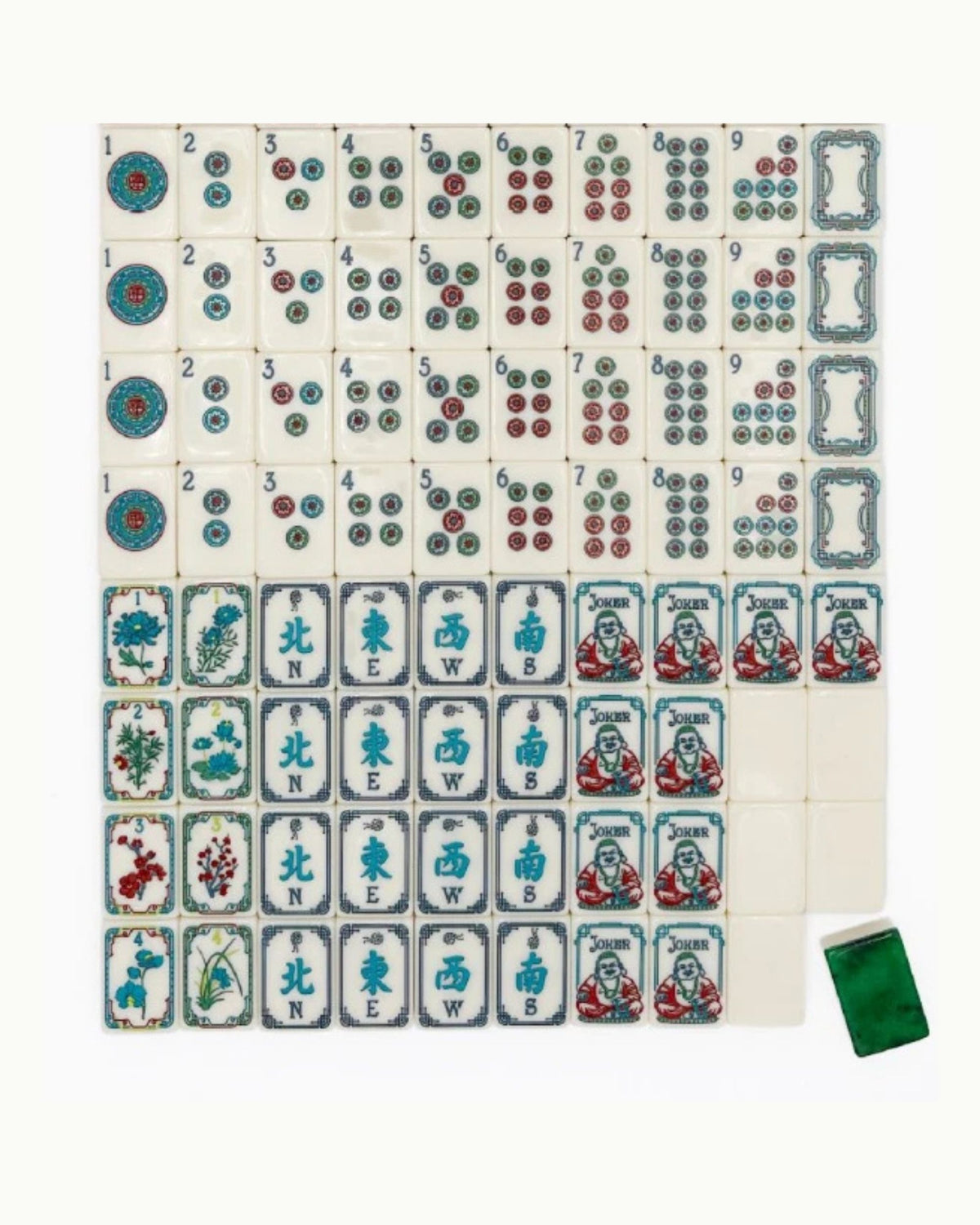 Mahjong tile set with melamine tiles showing suits, dragons, and character tiles