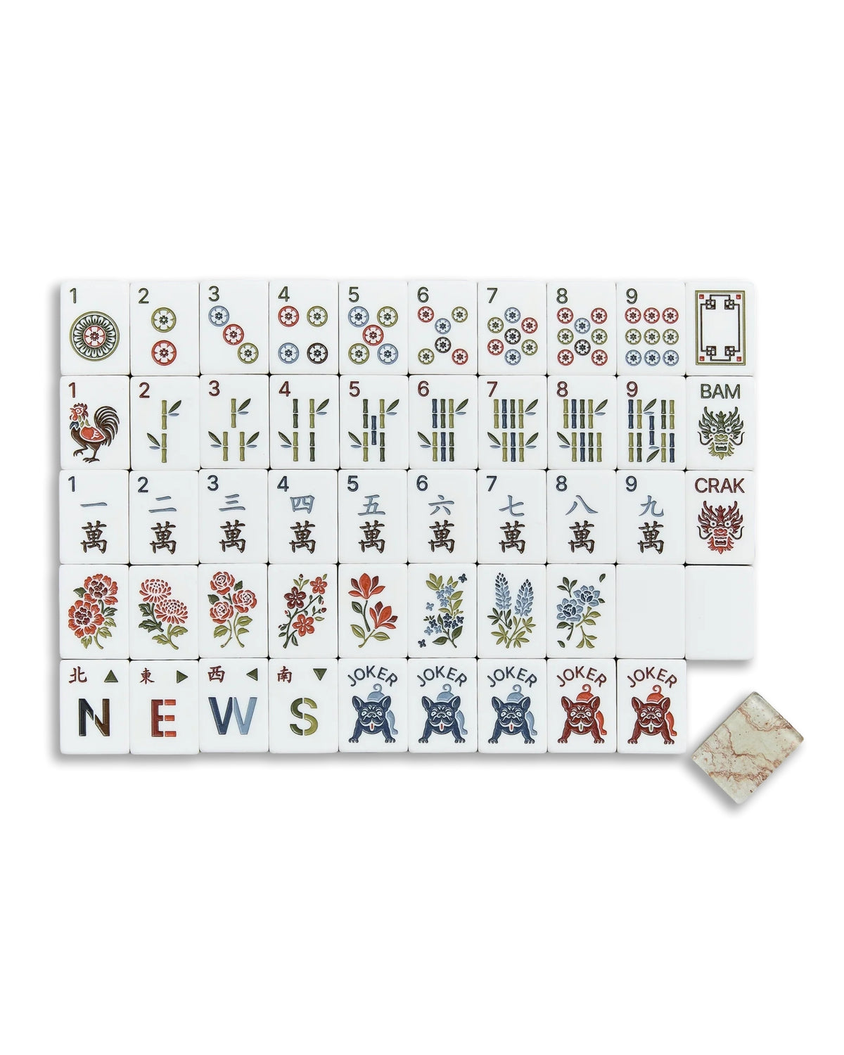 A set of traditional Chinese mahjong tiles arranged in a grid on a white background, with a single tile shown separately in the bottom right corner.
