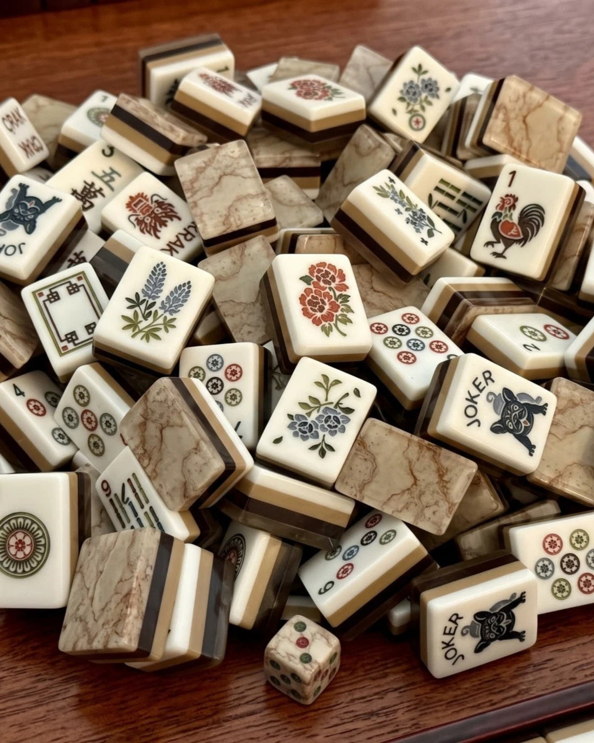 Mahjong tiles set of marble-look white tiles with character and suit illustrations, scattered