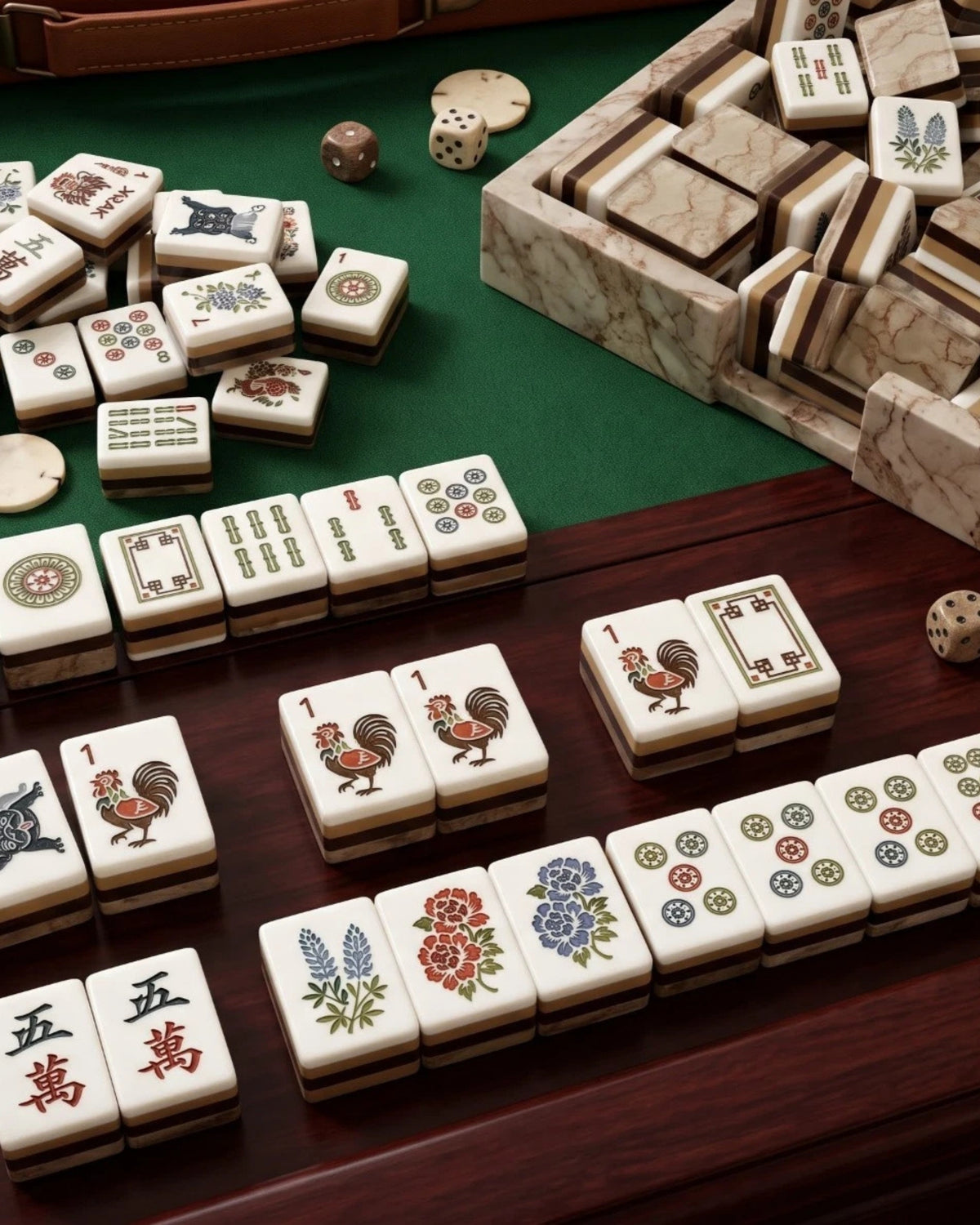 Mahjong tiles set with white face tiles showing suit symbols and character designs, arranged