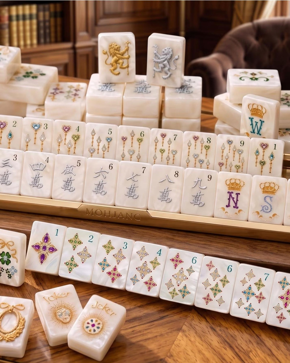 Pearlescent mahjong tiles arranged in rows, featuring honor letters and numbered tiles