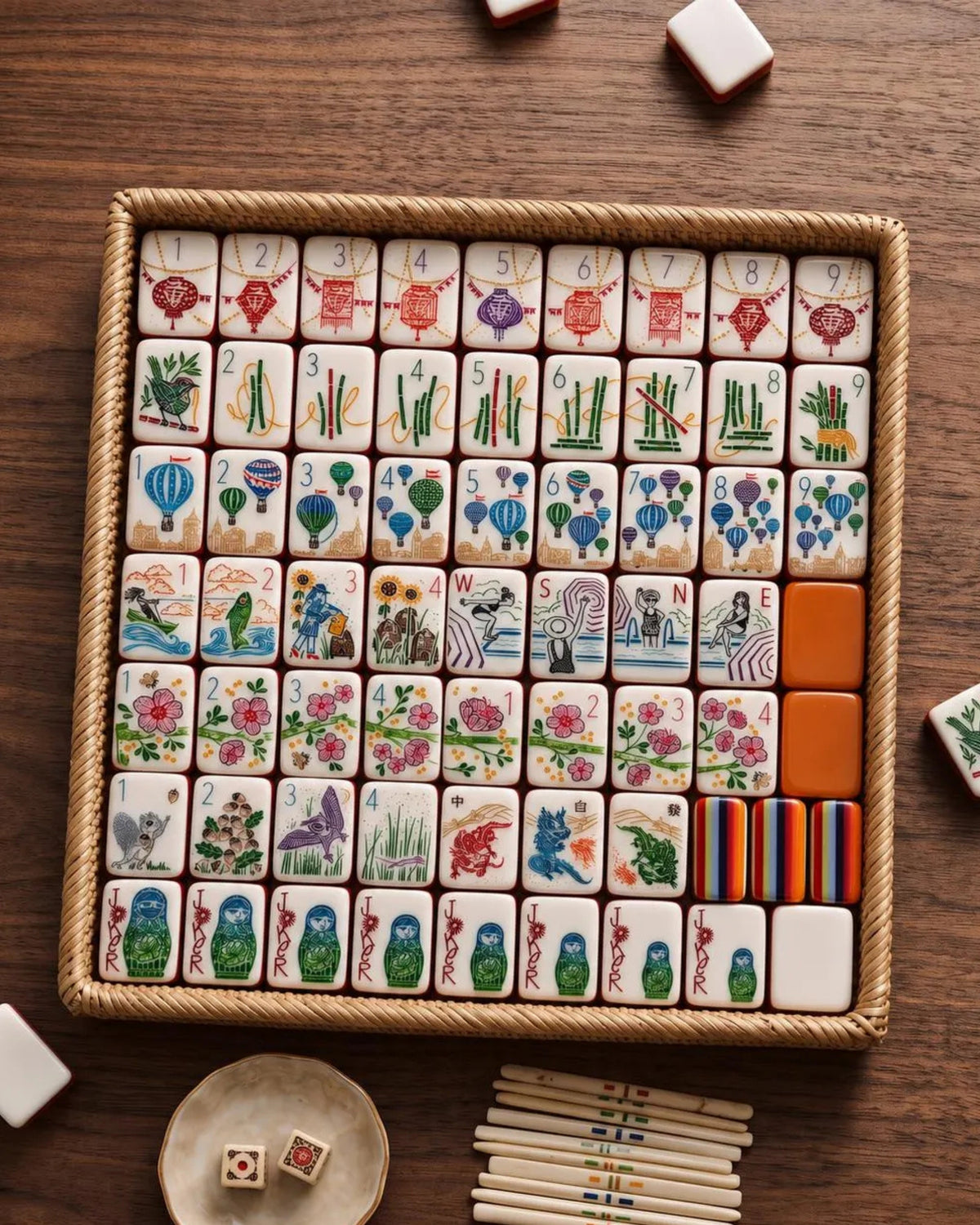 Mahjong tile set in woven tray with colorful numbered tiles, tile rack and dice