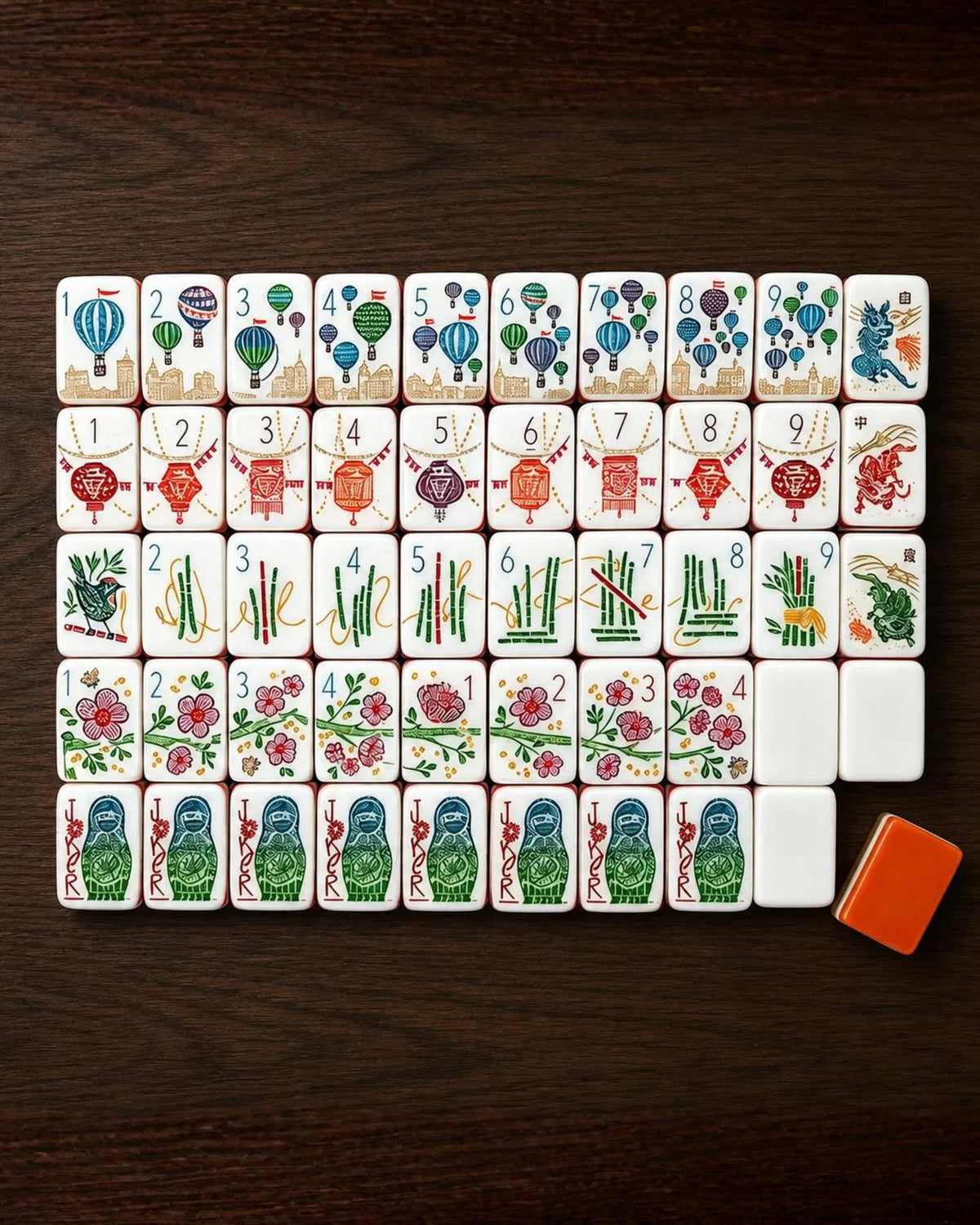 Premsons® luxury mahjong tiles set with colorful suit designs on white tiles