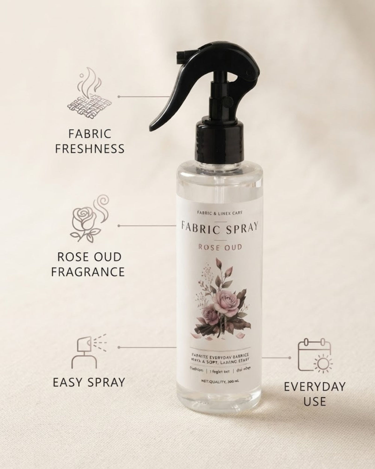 Premsons® Rose Oud Fabric Freshener – Elegant Fragrance Spray for Curtains, Bedding & Linen.