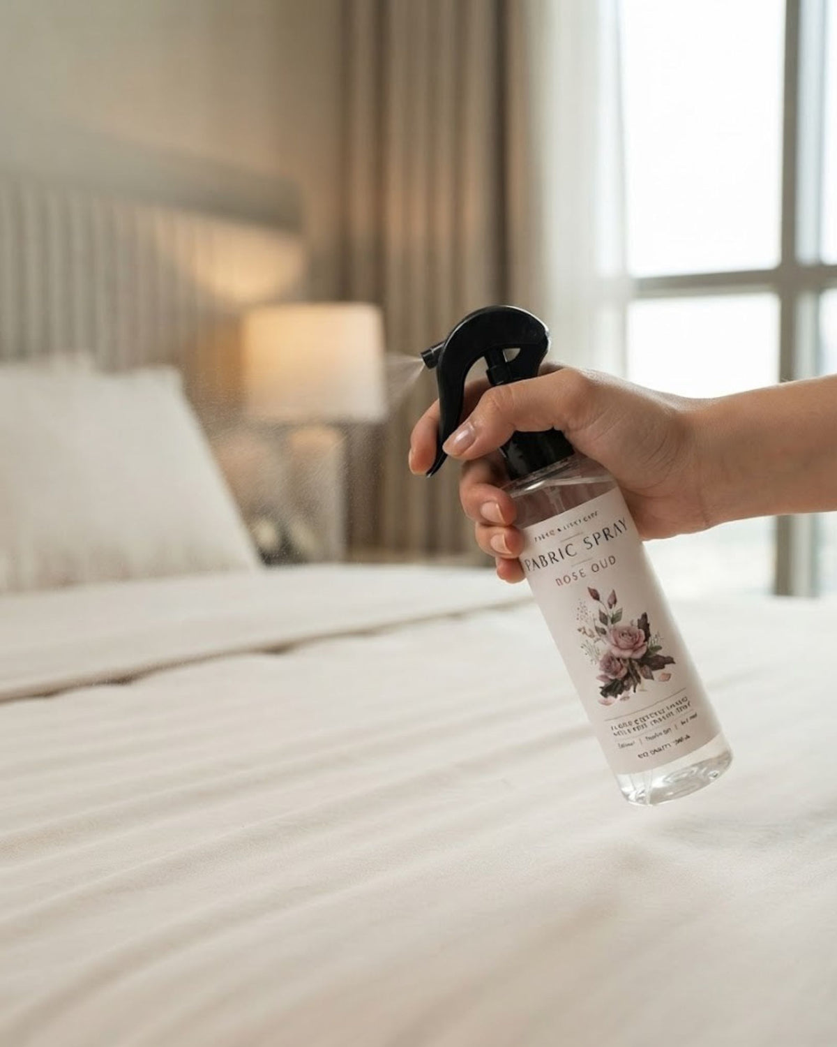 Premsons® Rose Oud Fabric Freshener – Elegant Fragrance Spray for Curtains, Bedding & Linen.