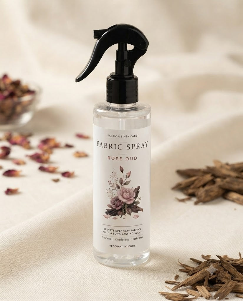 Premsons® Rose Oud Fabric Freshener – Elegant Fragrance Spray for Curtains, Bedding & Linen.