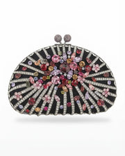 Crystal embellished clutch with multicolour rhinestone floral burst and black striped surround