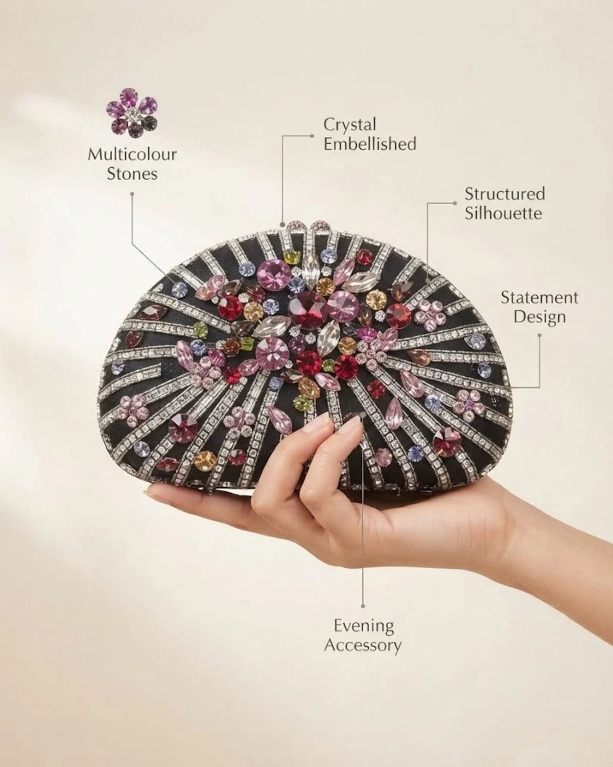 Multicolour rhinestone clutch with circular face, gemstone floral center and structured frame